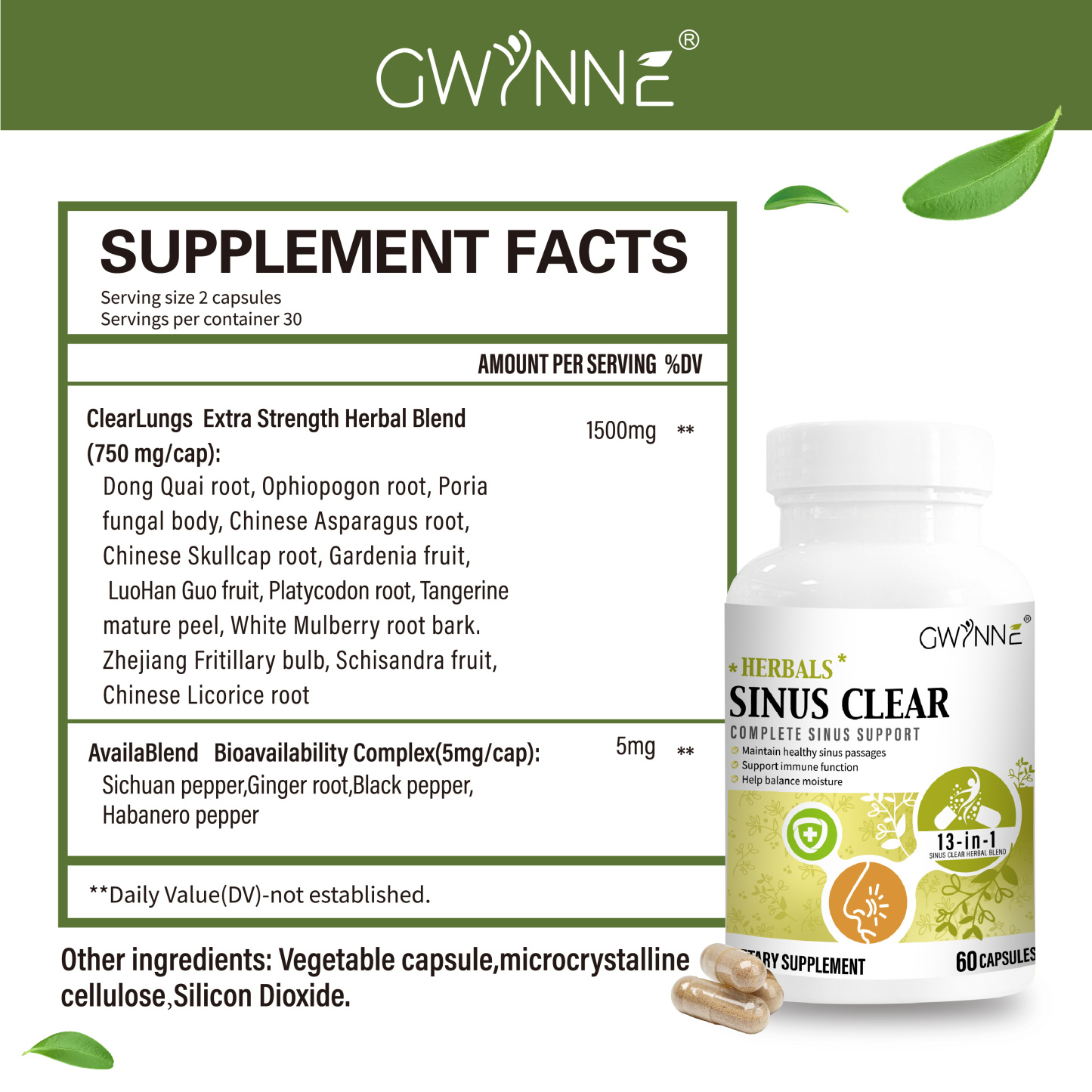 Gwynne Herbals Sinusclear 60 Cápsula,con 1500mg Clearlungs Extra Fuerza Mezcla De Hierbas,fórmula Completa Para La Salud Sinusal Y Nasal Para El Apoyo Inmunológico Y Respiratorio