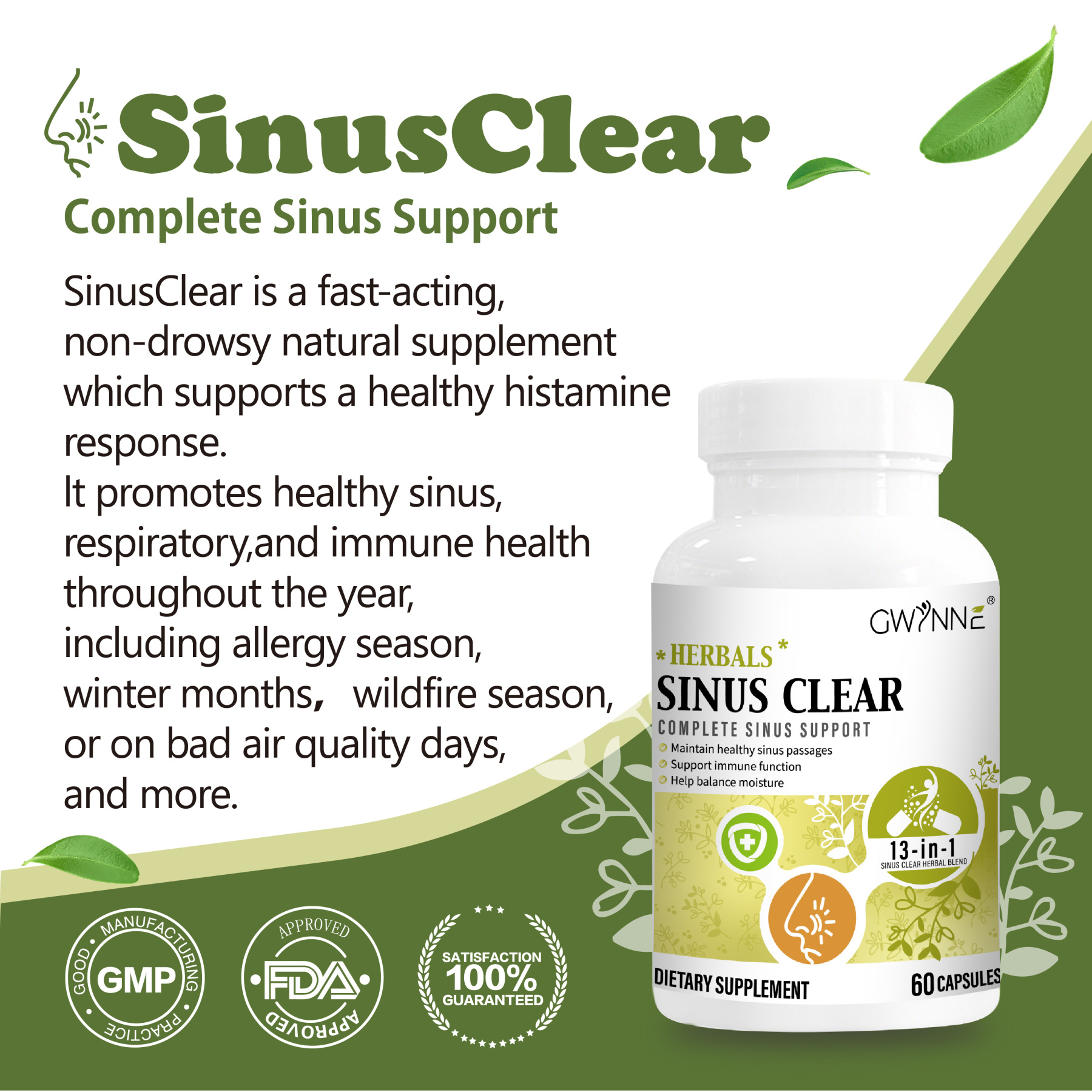 Gwynne Herbals Sinusclear 60 Cápsula,con 1500mg Clearlungs Extra Fuerza Mezcla De Hierbas,fórmula Completa Para La Salud Sinusal Y Nasal Para El Apoyo Inmunológico Y Respiratorio