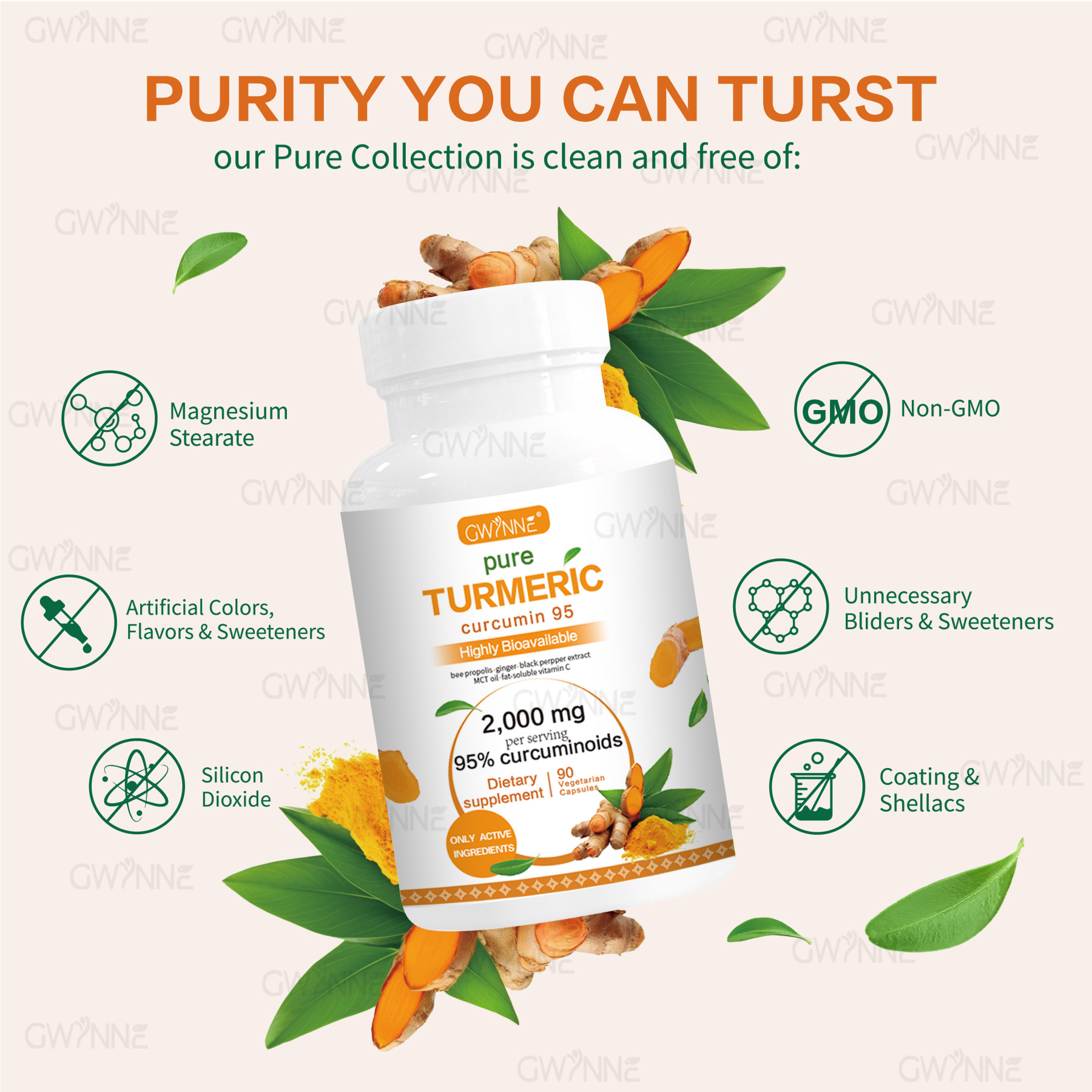 Gwynne Turmeric Cúrcuma 2000mg Con Extracto De Raíz De Cúrcuma Estandarizada Al 95% Y Pimienta Negra Al - Suplemento Alimenticio,Antioxidantes 90 Cápsulas