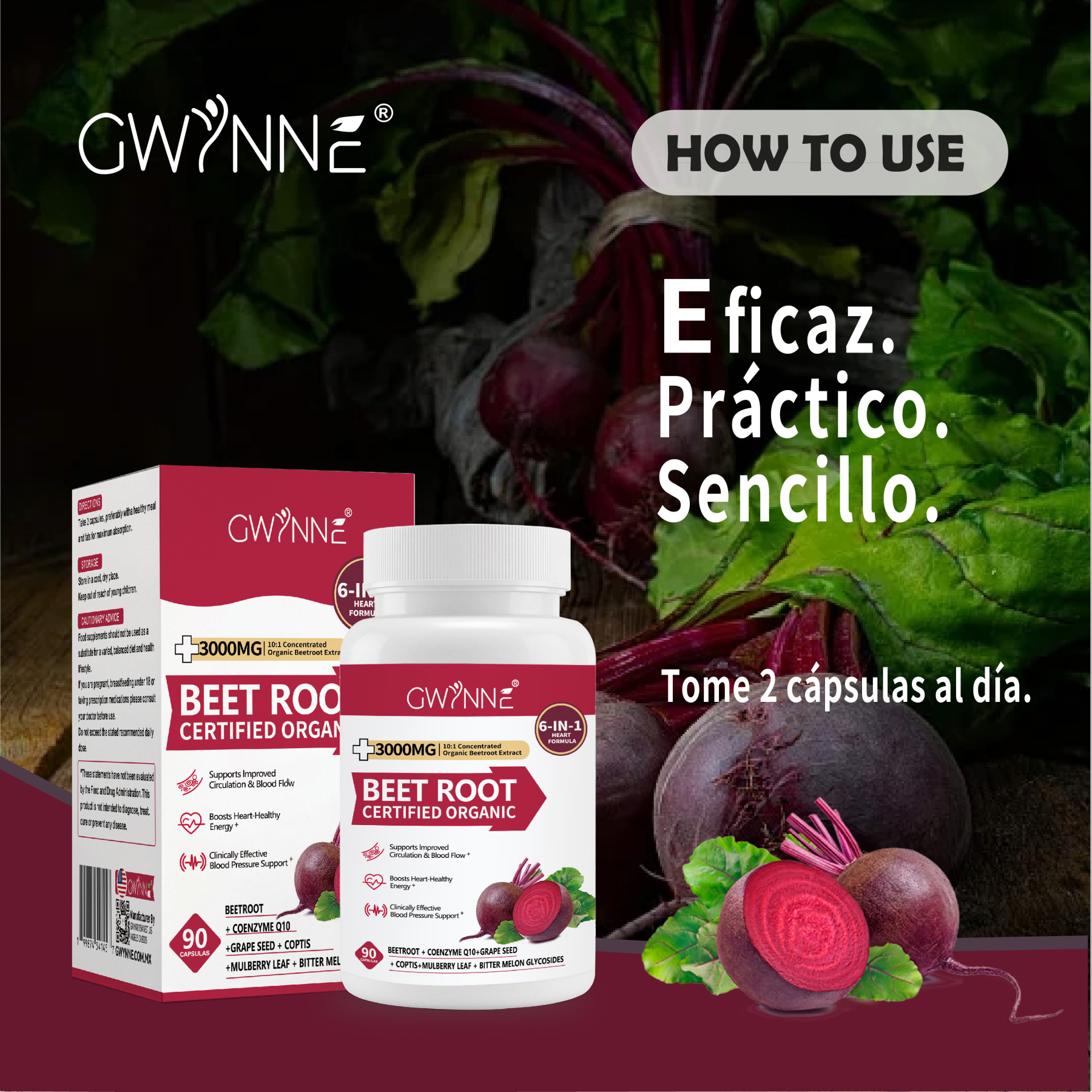 Gwynne Organic Beet Root Capsules 3000mg 90 Cápsulas Con Coq10,remolacha En Polvo Soporta Lmproved Circulación Y Flujo Sanguíneo,proporcionar Soporte Cardíaco Y De Presión Arterial