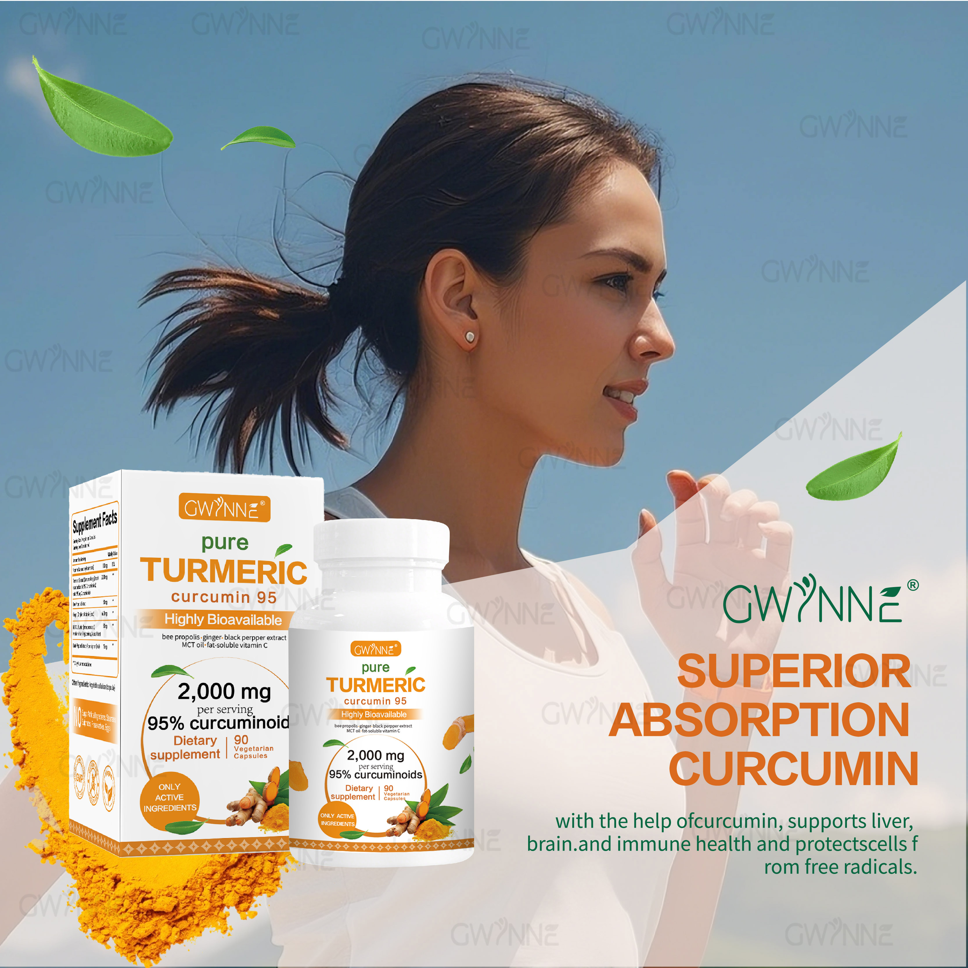 Gwynne Turmeric Cúrcuma 2000mg Con Extracto De Raíz De Cúrcuma Estandarizada Al 95% Y Pimienta Negra Al - Suplemento Alimenticio,Antioxidantes 90 Cápsulas