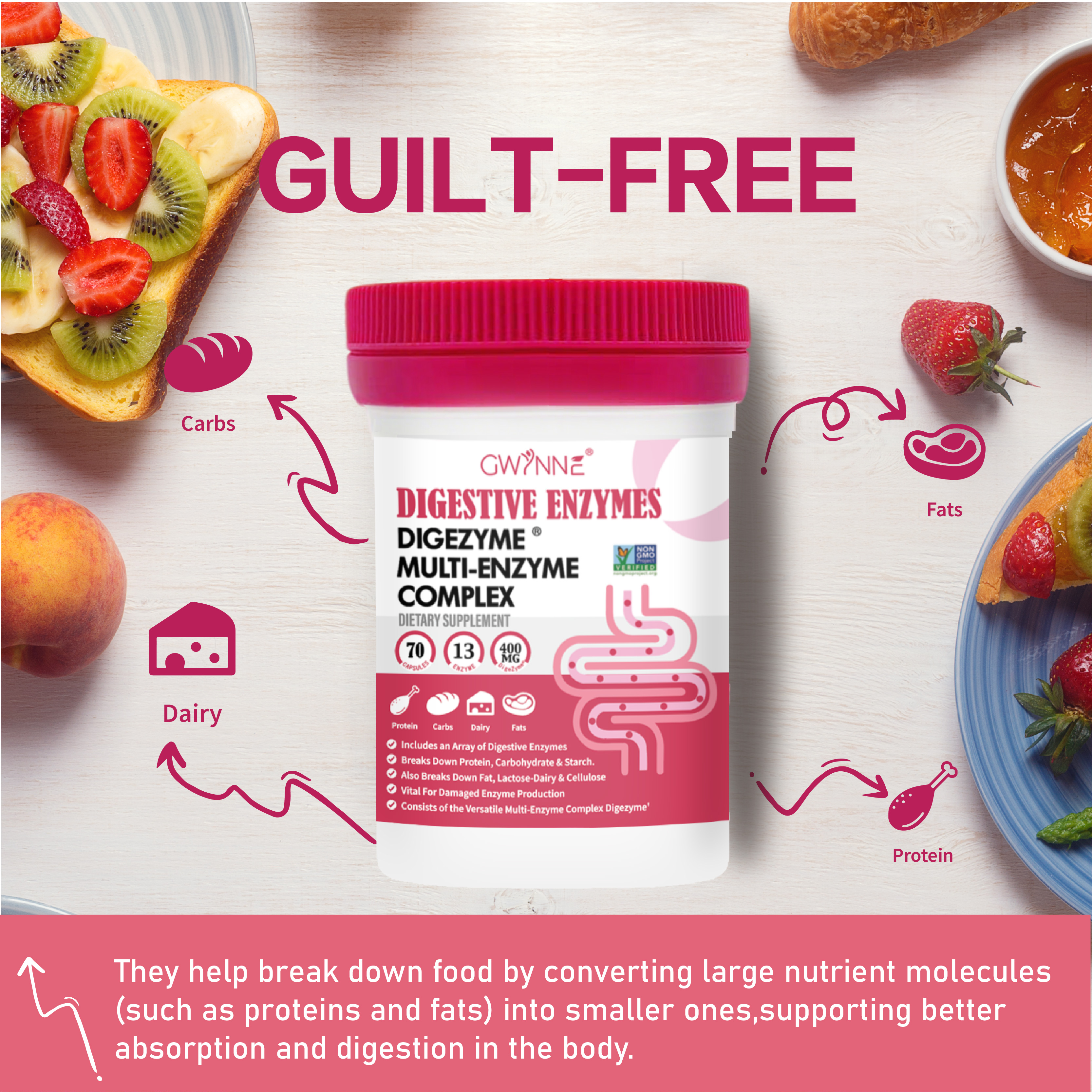 GWYNNE Enzimas Digestivas 70 Cápsula- 13 DigeZyme® 400mg Para Salud Digestiva Y Salud Intestinal - Alivio De Incomforto Y Hinchazón