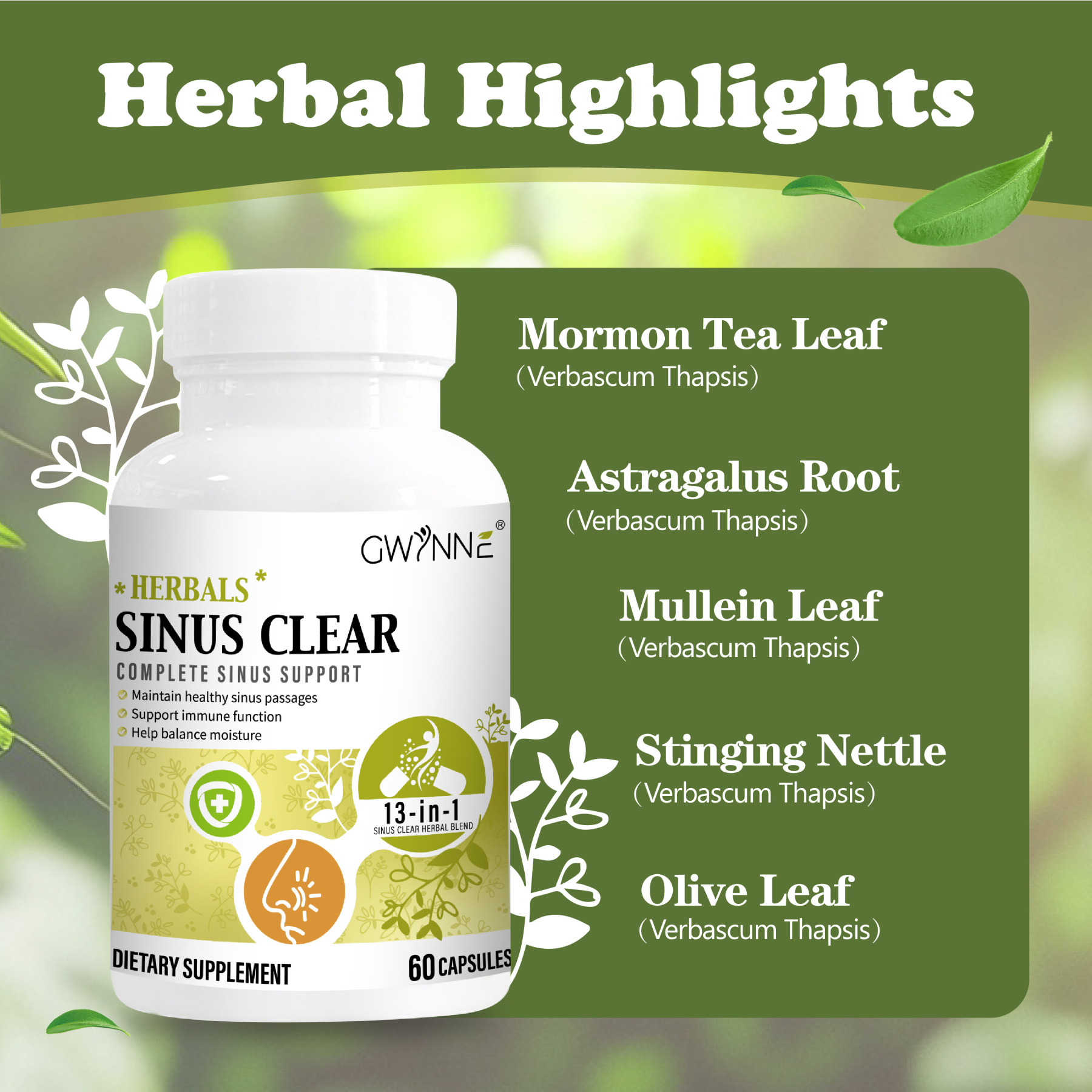 Gwynne Herbals Sinusclear 60 Cápsula,con 1500mg Clearlungs Extra Fuerza Mezcla De Hierbas,fórmula Completa Para La Salud Sinusal Y Nasal Para El Apoyo Inmunológico Y Respiratorio