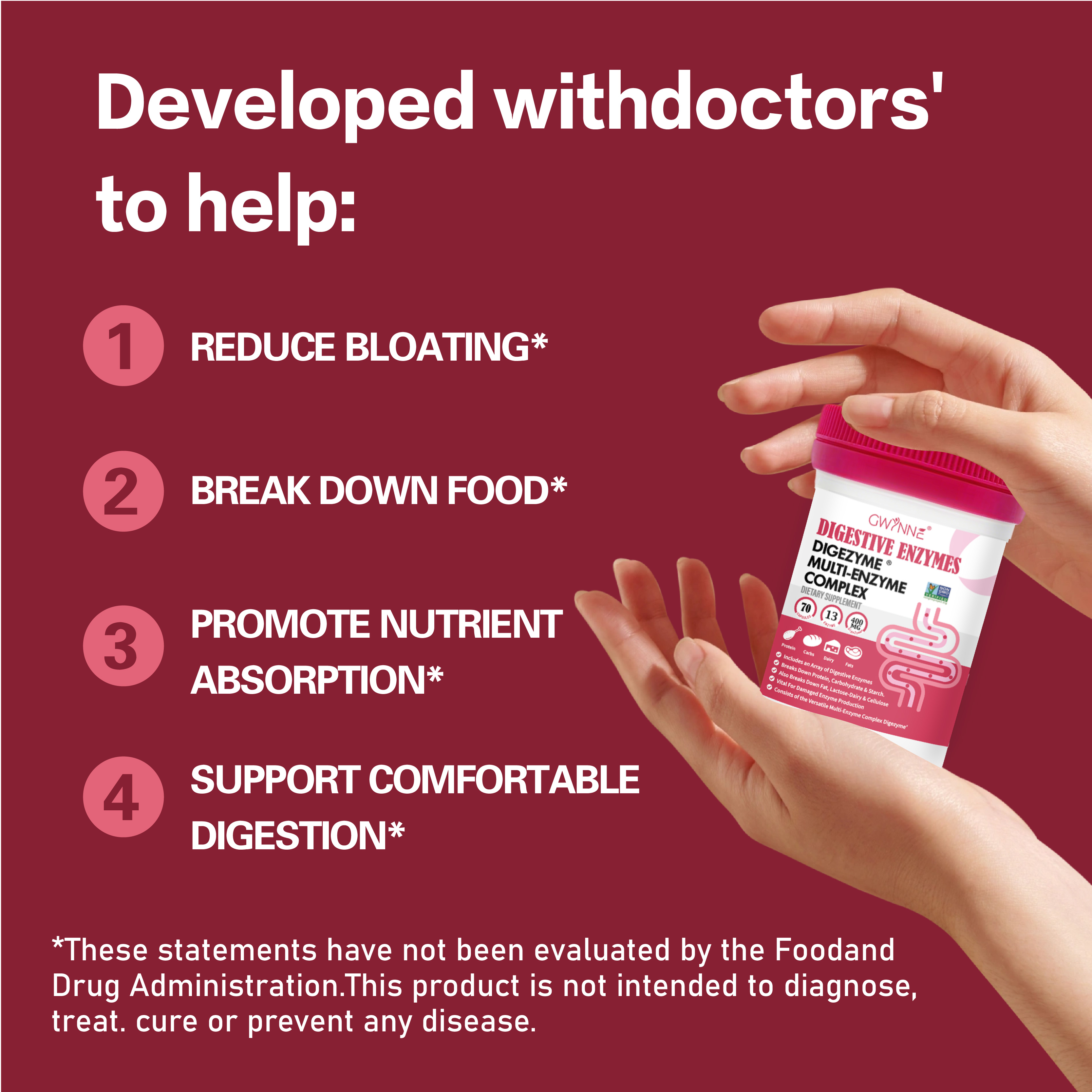 GWYNNE Enzimas Digestivas 70 Cápsula- 13 DigeZyme® 400mg Para Salud Digestiva Y Salud Intestinal - Alivio De Incomforto Y Hinchazón