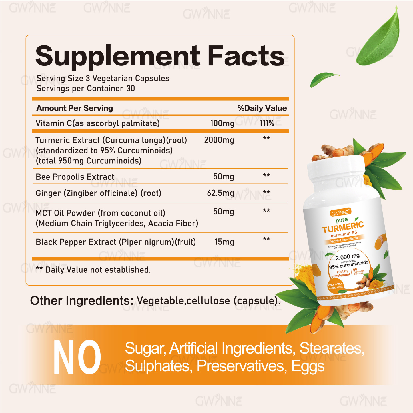 Gwynne Turmeric Cúrcuma 2000mg Con Extracto De Raíz De Cúrcuma Estandarizada Al 95% Y Pimienta Negra Al - Suplemento Alimenticio,Antioxidantes 90 Cápsulas