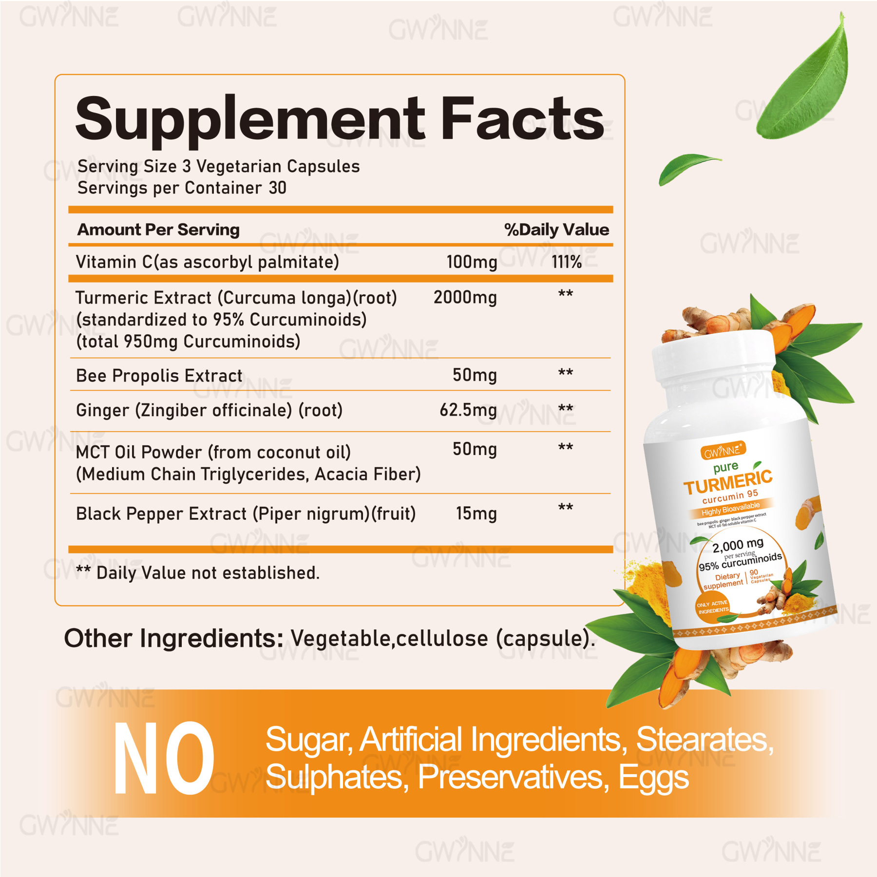 Gwynne Turmeric Cúrcuma 2000mg Con Extracto De Raíz De Cúrcuma Estandarizada Al 95% Y Pimienta Negra Al - Suplemento Alimenticio,Antioxidantes 90 Cápsulas