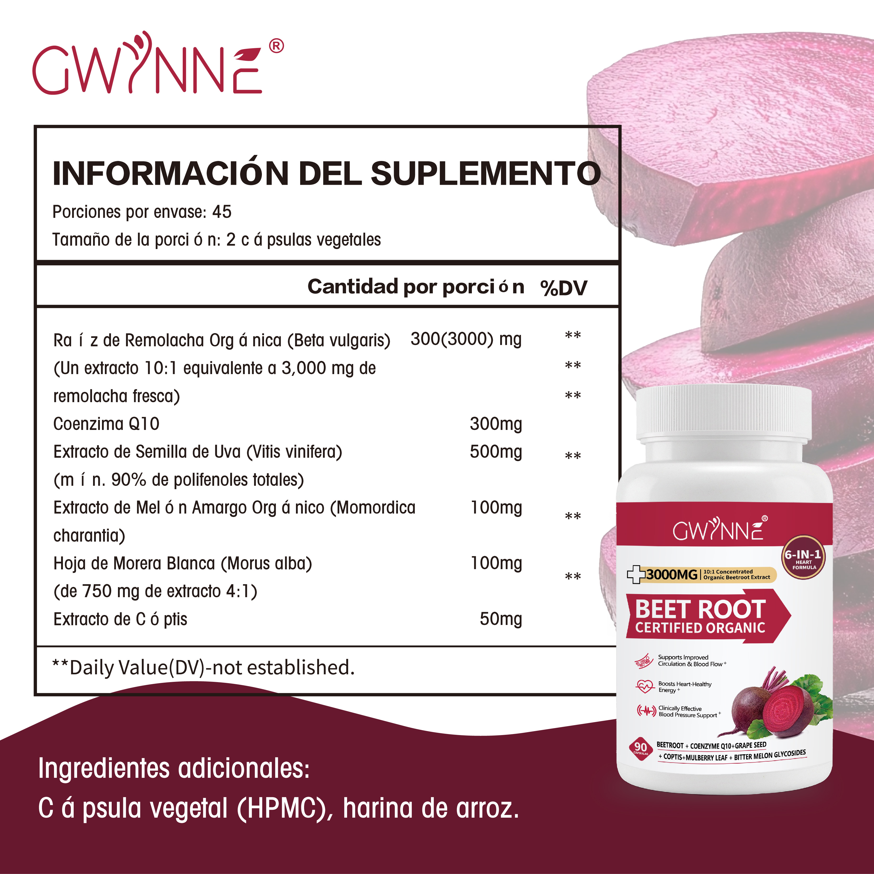 Gwynne Organic Beet Root Capsules 3000mg 90 Cápsulas Con Coq10,remolacha En Polvo Soporta Lmproved Circulación Y Flujo Sanguíneo,proporcionar Soporte Cardíaco Y De Presión Arterial