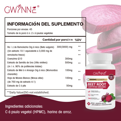 Gwynne Organic Beet Root Capsules 3000mg 90 Cápsulas Con Coq10,remolacha En Polvo Soporta Lmproved Circulación Y Flujo Sanguíneo,proporcionar Soporte Cardíaco Y De Presión Arterial