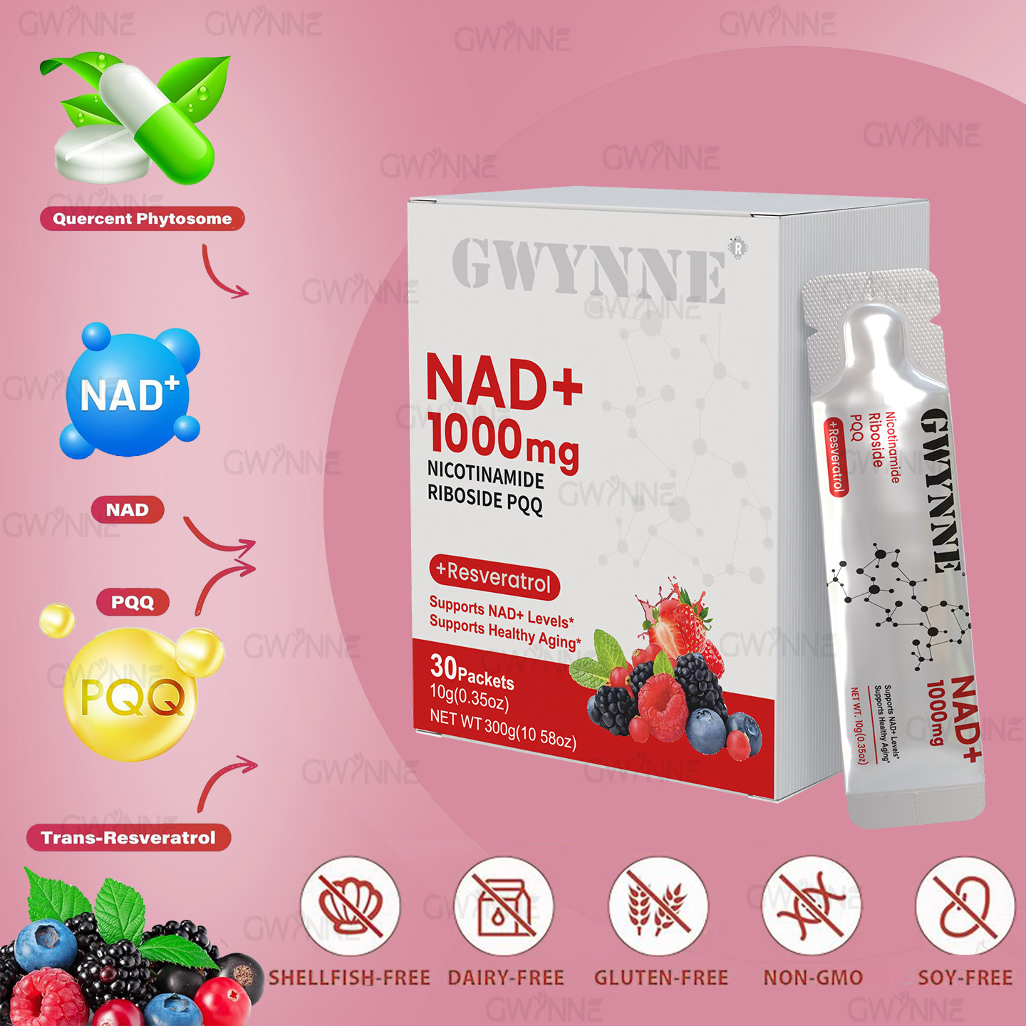 Gwynne Nad Suplemento Con Nicotinamide Riboside, Resveratrol & Pqq 1000mg Alternativa Nmn Extra Fuerte Para Anti-envejecimiento, Energía & Concentración 30 Unidad