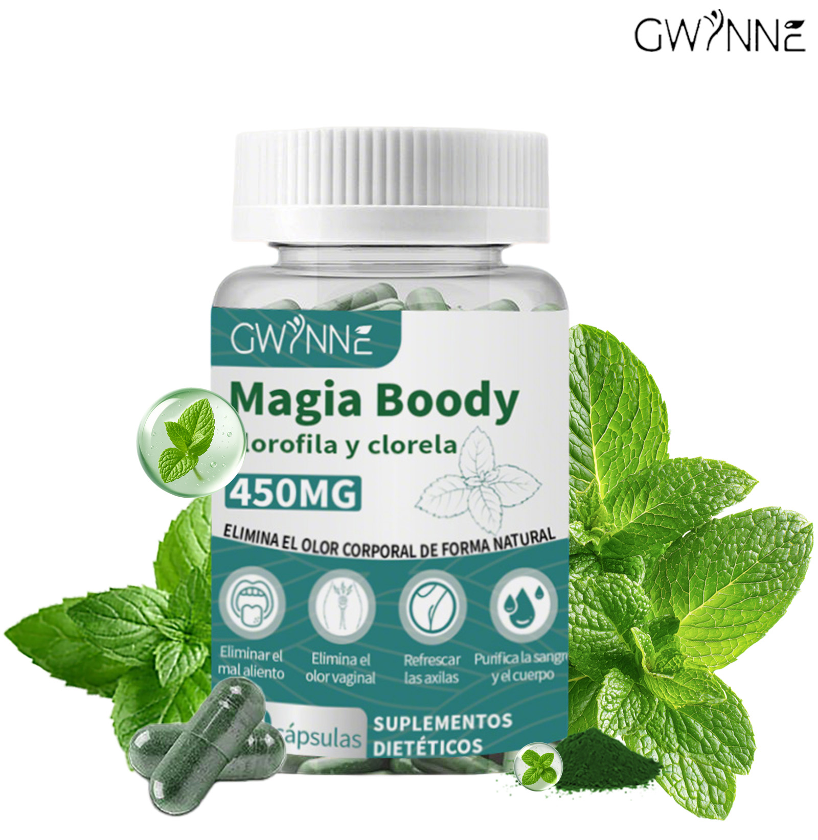 Gwynne Boody Magic Tabletas De Clorofila Natural Para El Olor Corporal Femenino Contiene 450 Mg De Clorofila Y Chlorella, Suplemento Desodorante Corporal Para Hombres Y Mujeres,60 Cápsulas