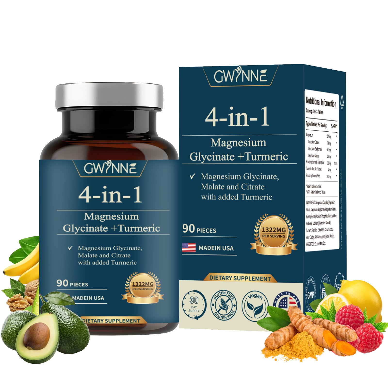 Gwynne 4 En 1 Triple Magnesium Complex:1322mg De Glicinato De Magnesio,malato De Magnesio Y Citrato De Magnesio,2000 Mg De Curcumina,para Fortalecer Los Músculos,los Nervios Y La Energía 90 Cápsulas