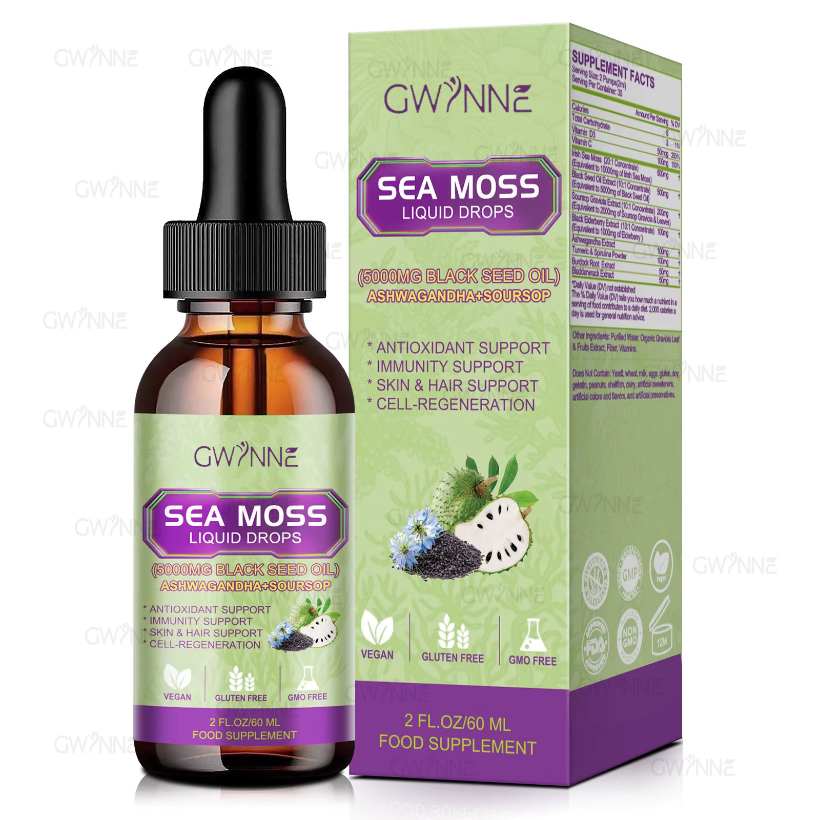 Gwynne Gotas Líquidas De Musgo Marino 5000mg 60ml - Irish Sea Moss Black Seed,suplemento Multimineral De Musgo Marino Apoyo Antioxidante, Inmunitario, Salud Intestinal