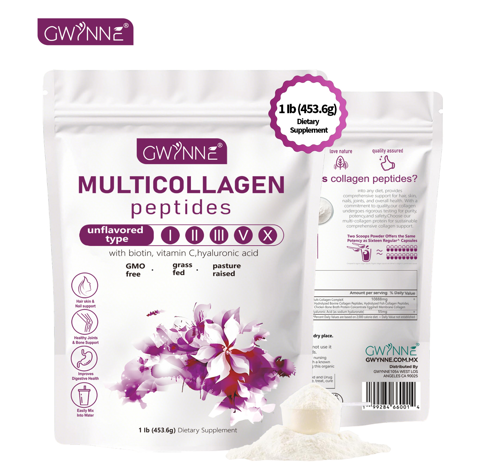 Gwynne Multicollagen Peptides Polvo,con Biotina,453.6g Sin Sabor