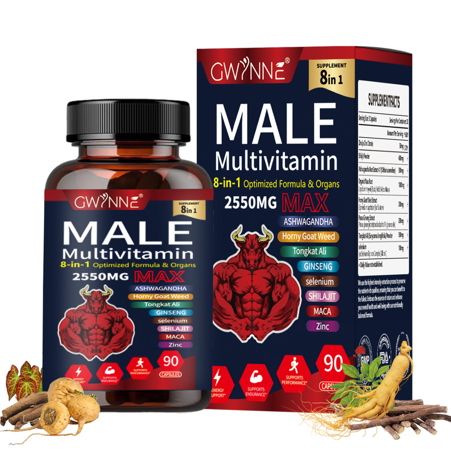 Gwynne Multivitamina Para Hombre 90 Cápsula,8 En 1 Multivitaminas Para Hombres Diarias 2550 Mg Max Con Zinc,shilajit,horny Goat Weed,etc,apoyo A La Energía Físicas