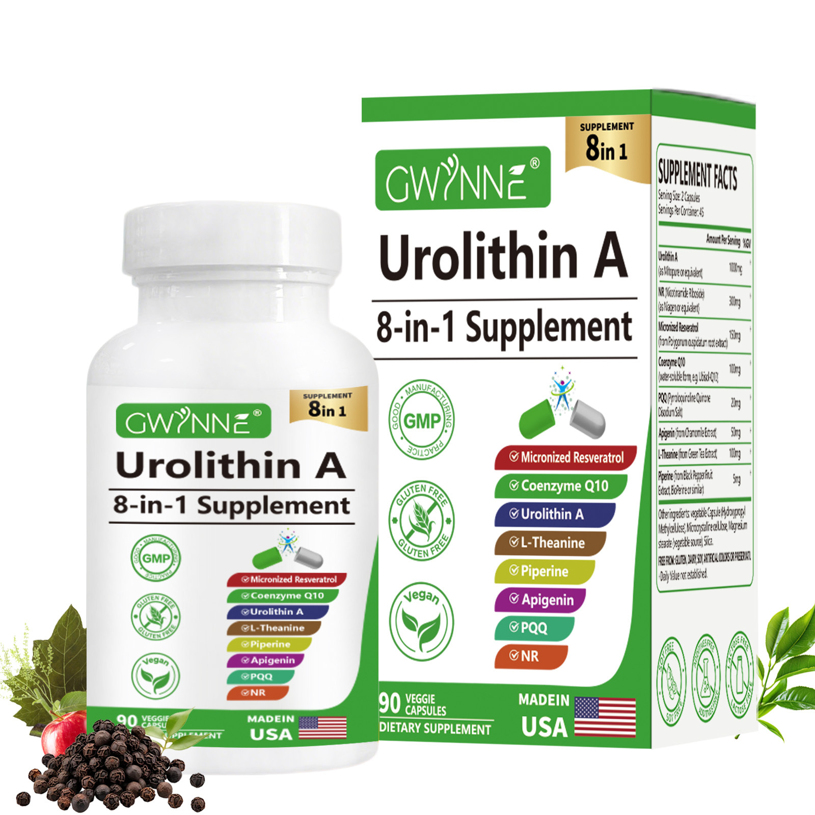 Gwynne Urolithin A 1000mg Complex Supplement 90 Cápsula,con Resveratrol,nr,coq10,pqq Y L-theanine Apoyo A La Energía Mitocondrial Y Celular
