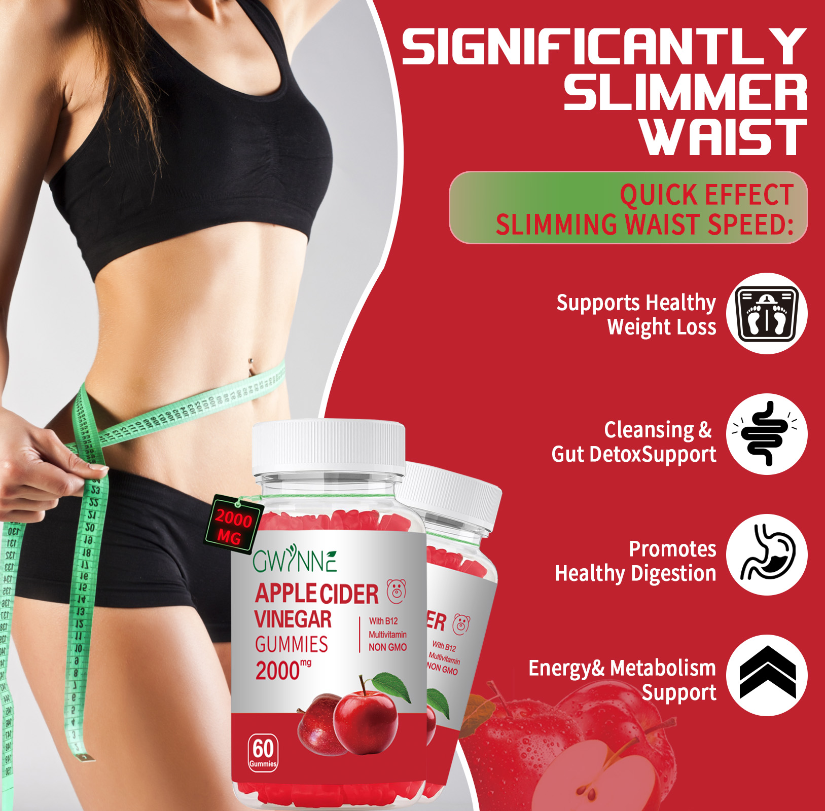 Gominolas Vinagre de manzana,Potencia Máxima 2000mg Contiene Vitaminas B12, B6, Ácido Fólico Y Probióticos Para La Salud Metabólica, Intestinal, Cutánea E Inmunológica,peso 60 gomitas