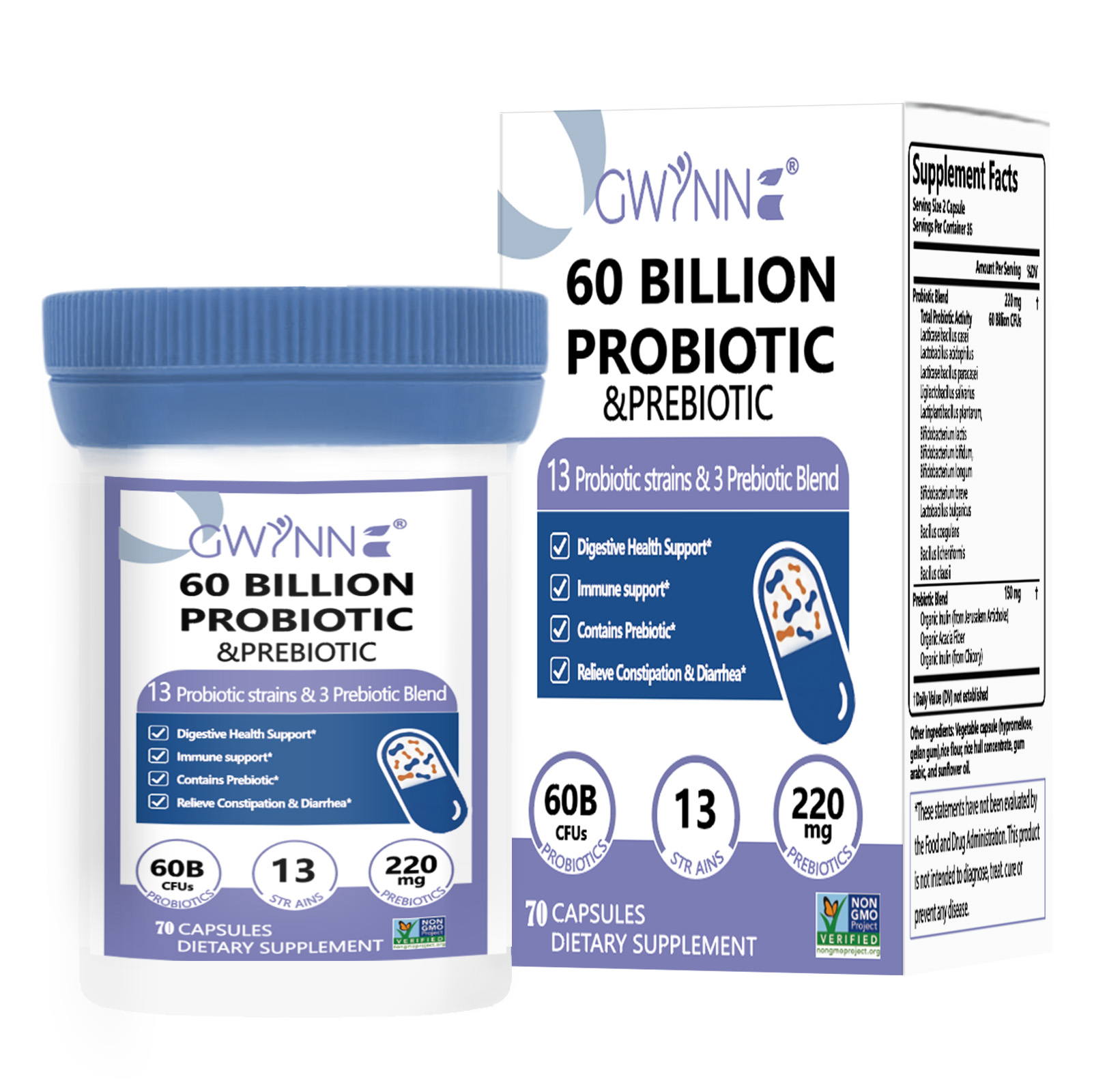 Gwynne vaginal Probióticos 60 Billion De Ucf 70 Cápsula,13Strains + 3Prebióticos Mezcla,salud Inmune,digestiva E Intestinal-Apoya El Estreñimiento,la Diarrea,apoyo Inmunológico Para Mujeres Y Hombres