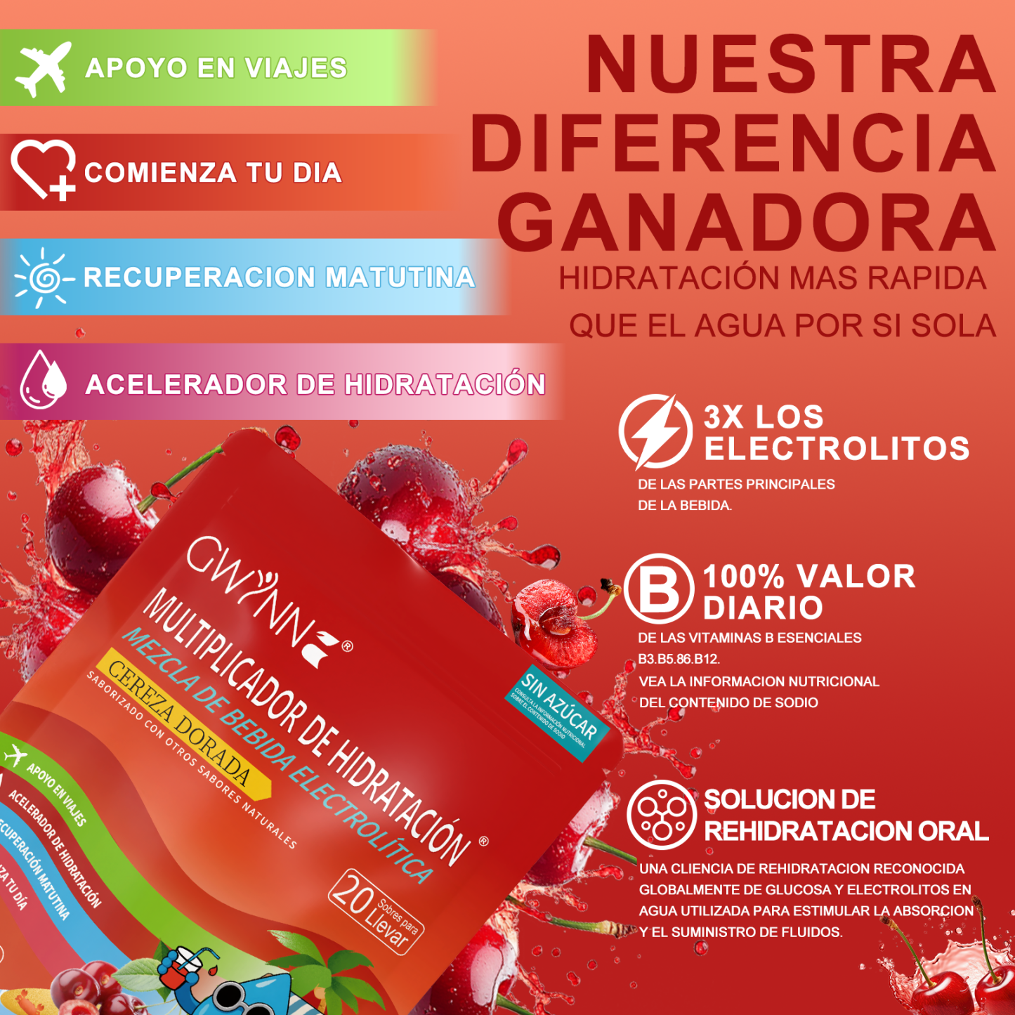 Gwynne Multiplicador De Hidratacion Mezcla De Bebida Electrolitica,supercalm Nutricional Bebidas Mixta En Polvo Con Sodio,vitamina C Y B12,sabor A Cereza 20 Unidade