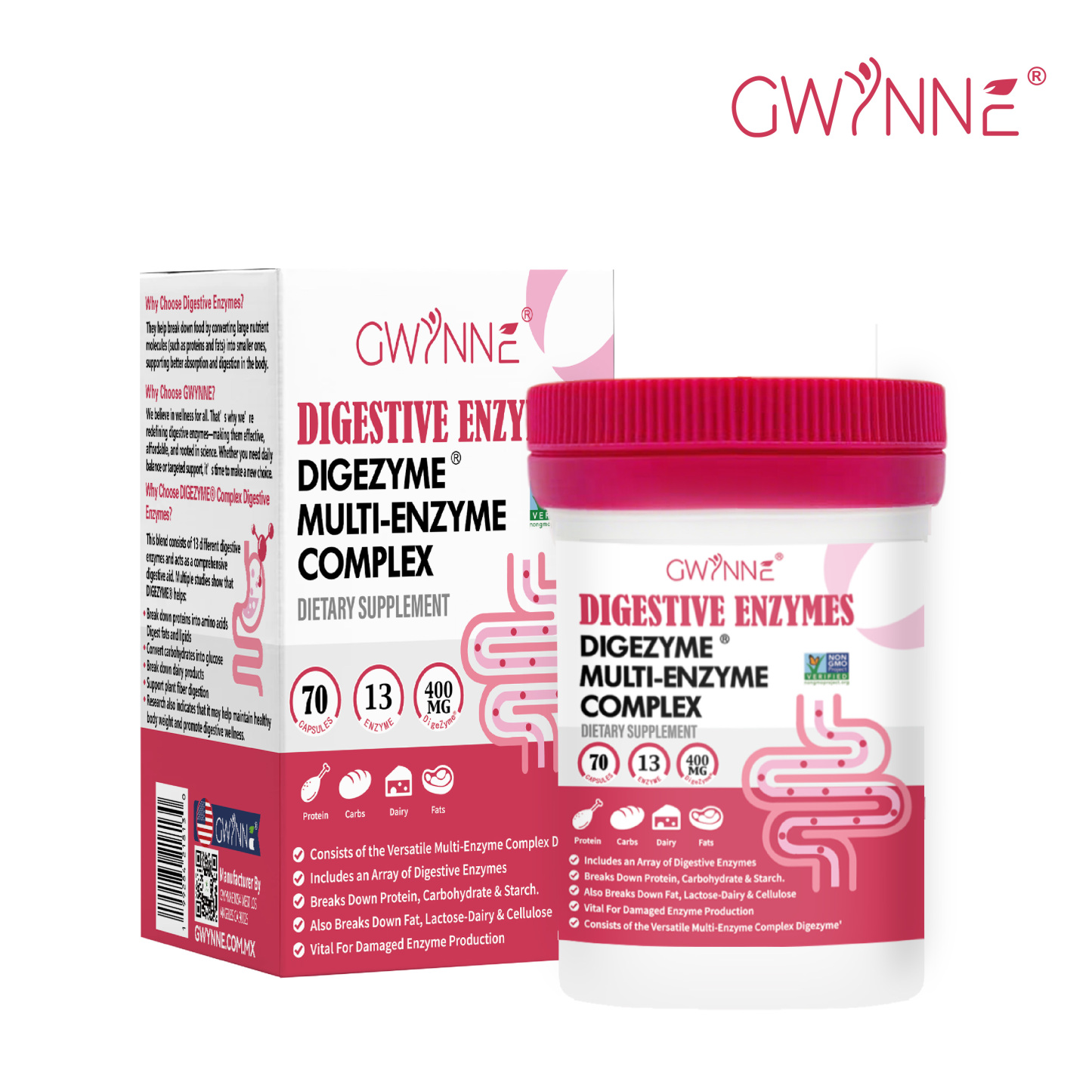 GWYNNE Enzimas Digestivas 70 Cápsula- 13 DigeZyme® 400mg Para Salud Digestiva Y Salud Intestinal - Alivio De Incomforto Y Hinchazón