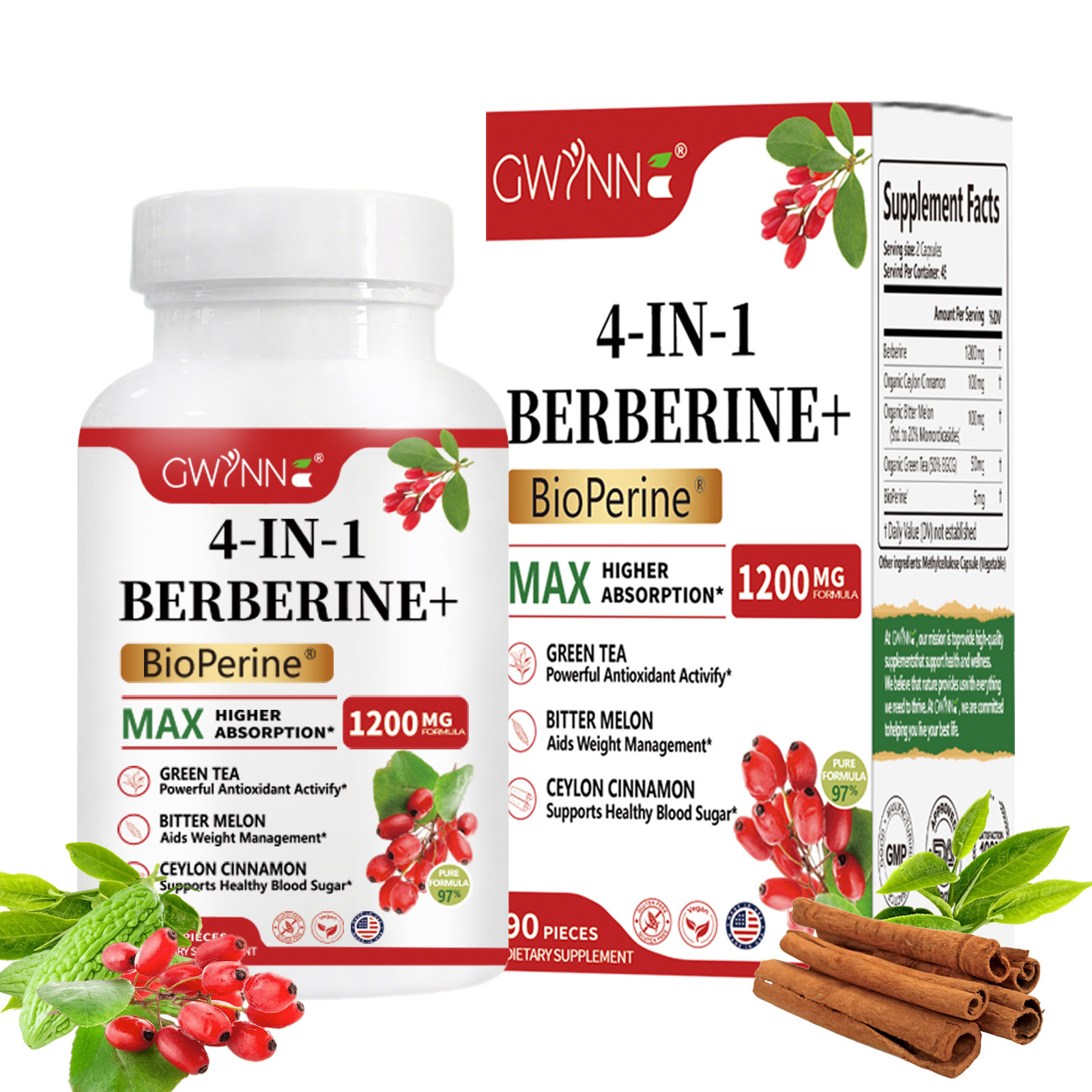 Gwynne 4 En 1 Berberina Y Bioperine 1200mg Con Melón Amargo,canela De Ceilán Y Extracto De Té Verde,apoyo A La Salud Del Corazón,sistema Inmunológico,gi Saludable,90 Cápsulas