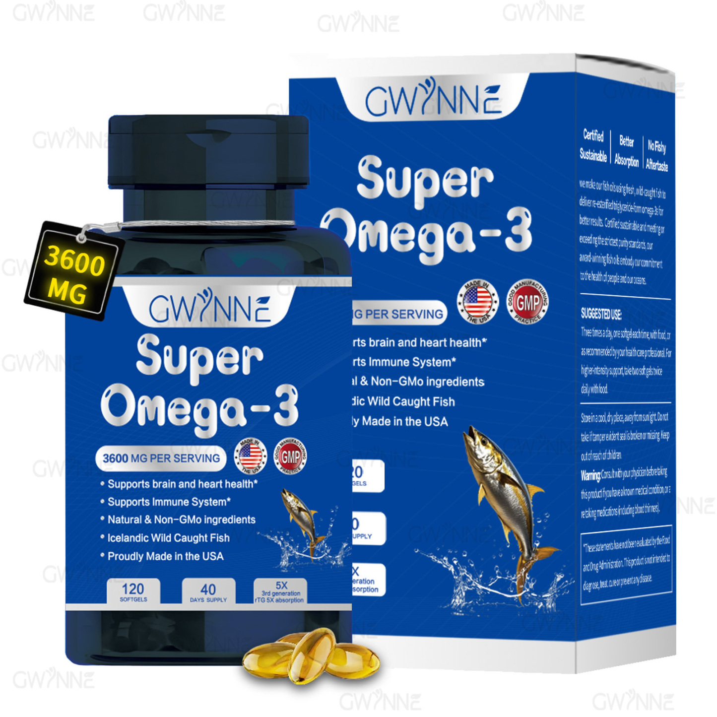 Gwynne Super Omega 3 Premium 3600mg Aceite De Pescado,orégano,pescado Salvaje De Islandia,salud Cerebral,salud Del Corazón,apoyo A La Salud De La Inflamación,apoyo A La Salud Del Colesterol 120Cápsula