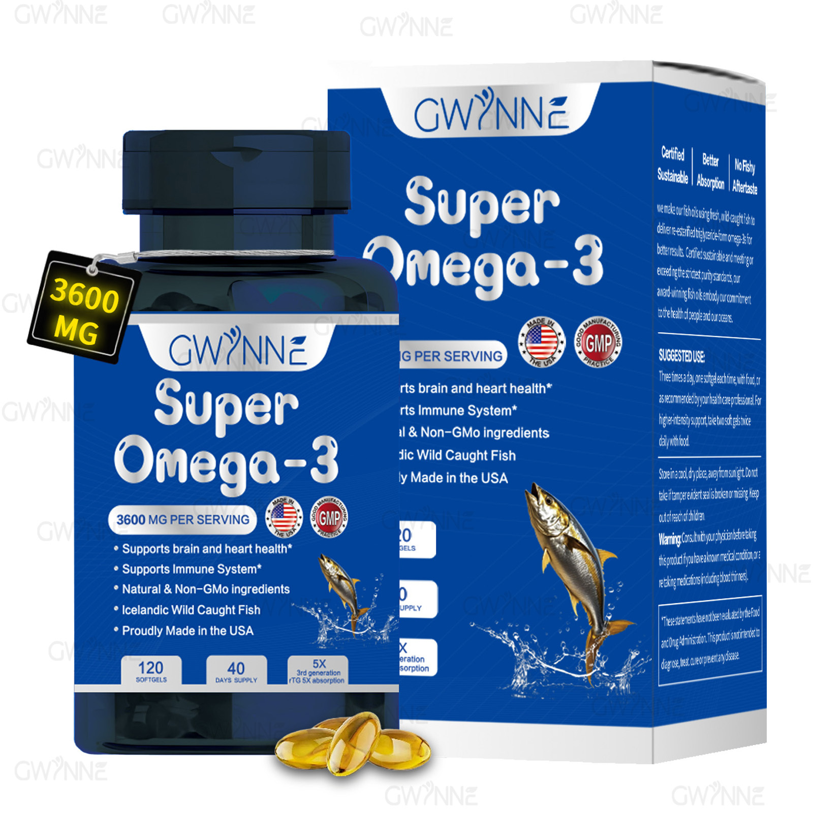 Gwynne Super Omega 3 Premium 3600mg Aceite De Pescado,orégano,pescado Salvaje De Islandia,salud Cerebral,salud Del Corazón,apoyo A La Salud De La Inflamación,apoyo A La Salud Del Colesterol 120Cápsula