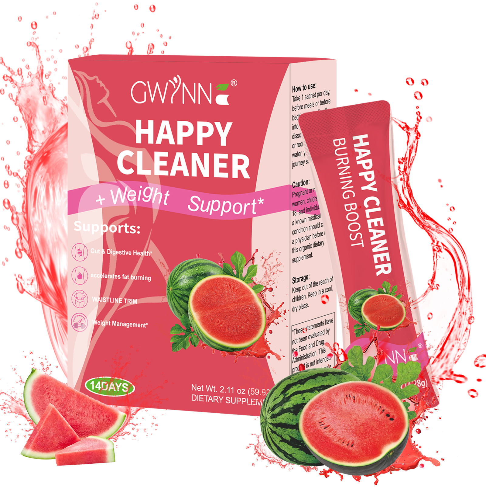 Gwynne Happy Cleaner Polvo Prebiótico Probiótico - Polvo De Mezcla De Sandía (14 Paquetes De Una Sola Porción) Con Frutas