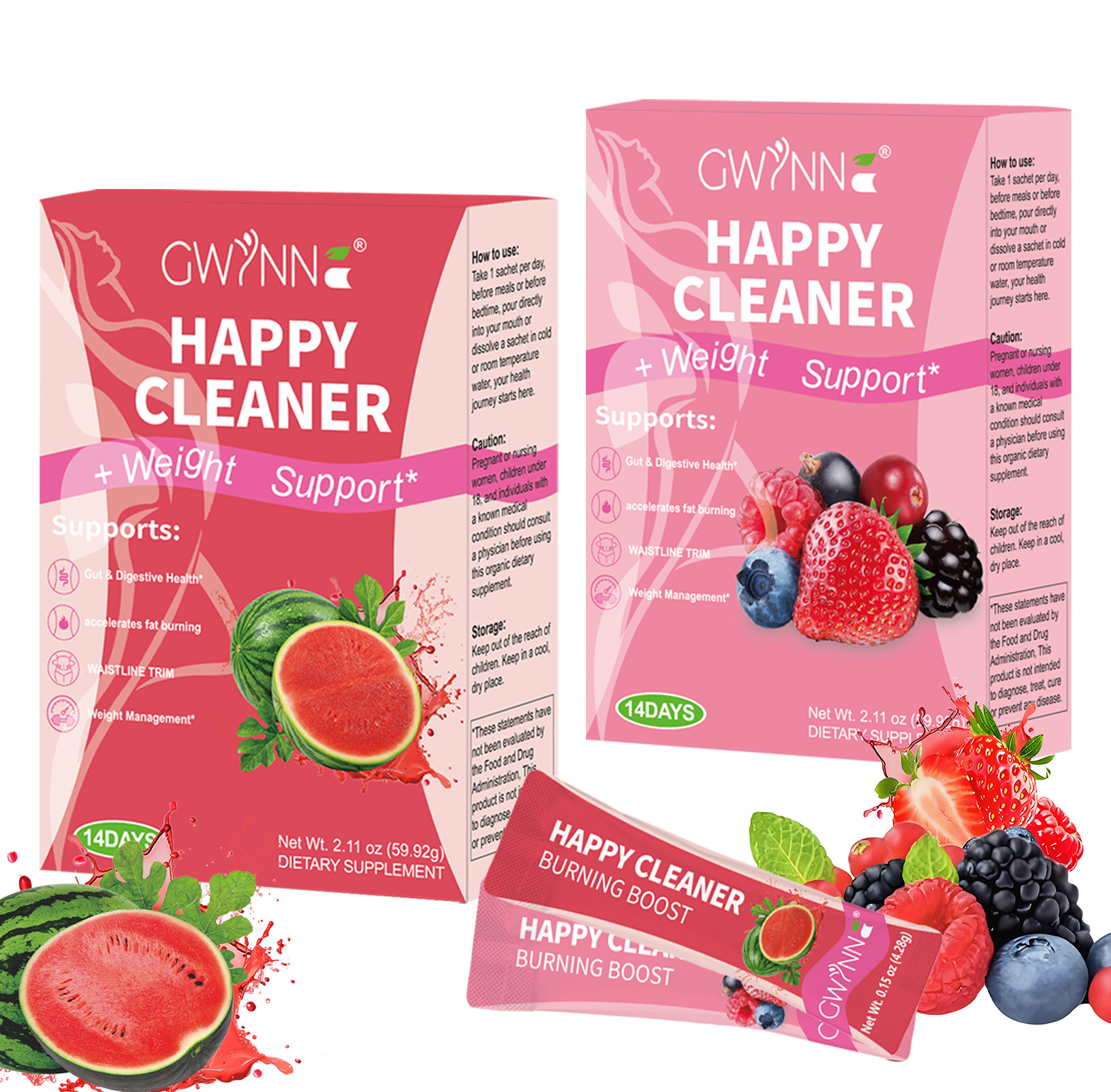 Gwynne Happy Cleaner Polvo Prebiótico Probiótico - Polvo De Mezcla De Bayas De Sandía (28 Paquetes De Una Sola Porción) Con Frutas