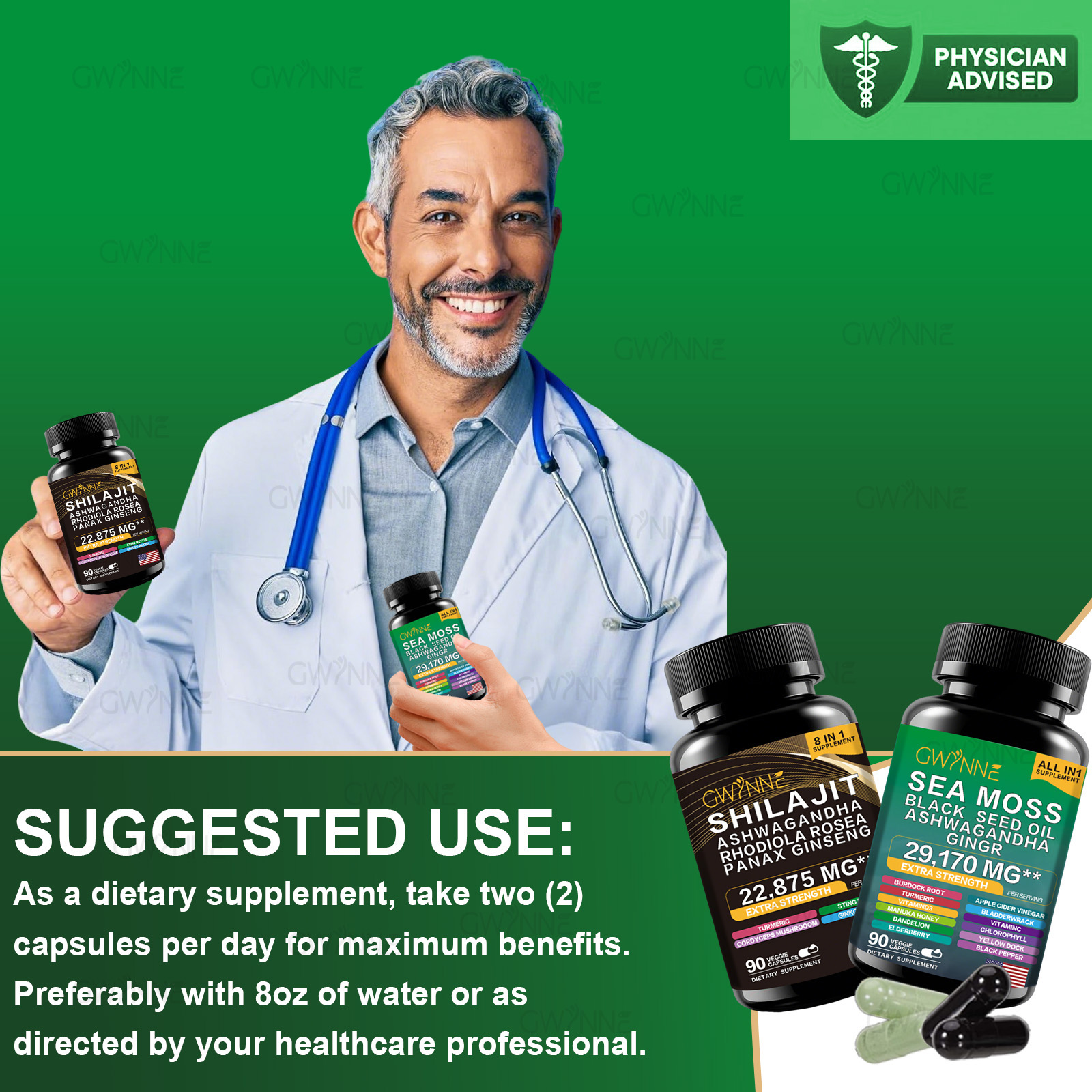 Gwynne All In 1 Shilajit Y Sea Moss Bundle 90 Cápsulas-contiene 29170 Mg De Musgo Marino, Aceite De Semilla Negra, Etc Y Contiene 22875 Mg De Shilajit,rhodiola Rosea, Etc