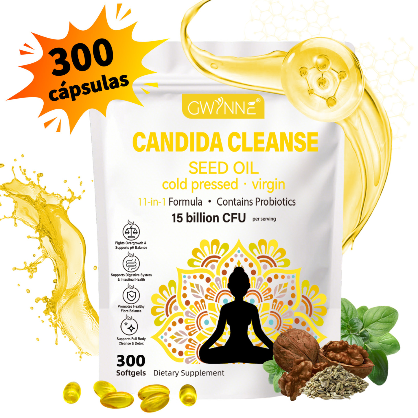 Gwynne Candida Cleanse Seed Oil Cápsulas,hierbas Naturales Para La Desintoxicación Intestinal Con 15 Billion Cfu,300 Cápsulas,11-in-1 Formula Con Hoja De Orégano,ácido Caprílico Y Probiotics