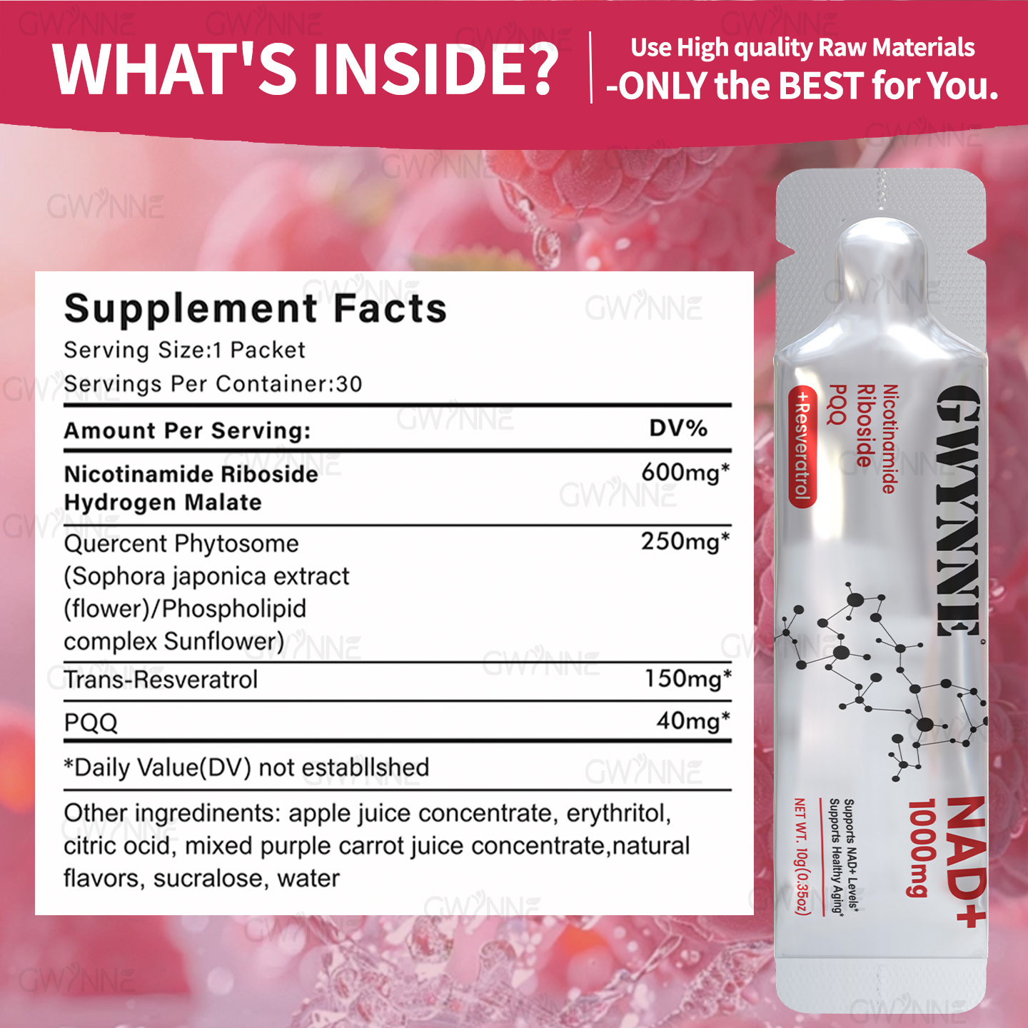 Gwynne Nad Suplemento Con Nicotinamide Riboside, Resveratrol & Pqq 1000mg Alternativa Nmn Extra Fuerte Para Anti-envejecimiento, Energía & Concentración 30 Unidad