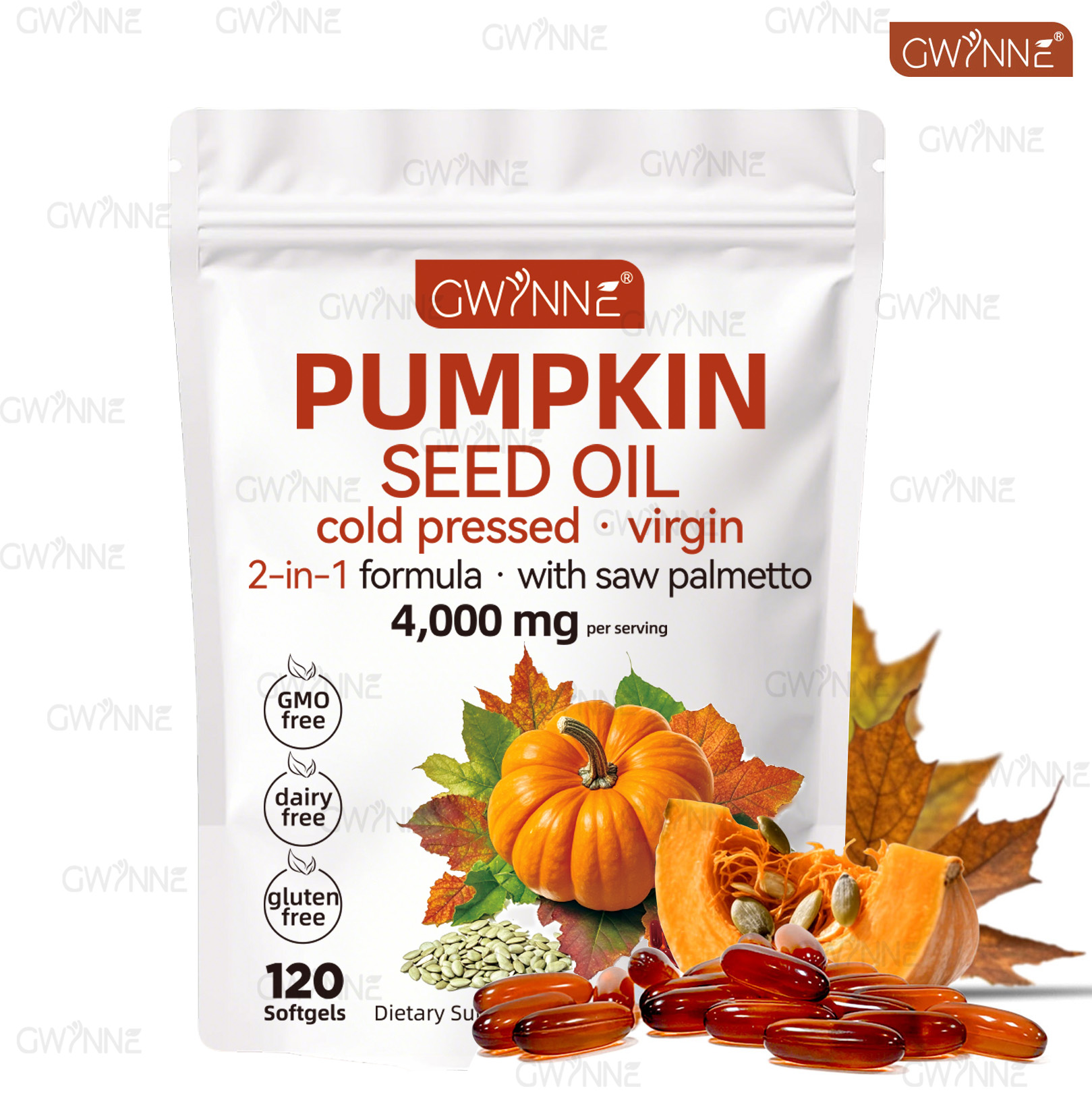 Gwynne 4000mg Cápsulas De Aceite De Semilla De Calabaza,Cold Pressed,Pure Virgin Oil,Apoyar la salud del cabello,el sistema urinario y la próstata,rico En Ácidos Grasos y Phytosterols 120cápsulas