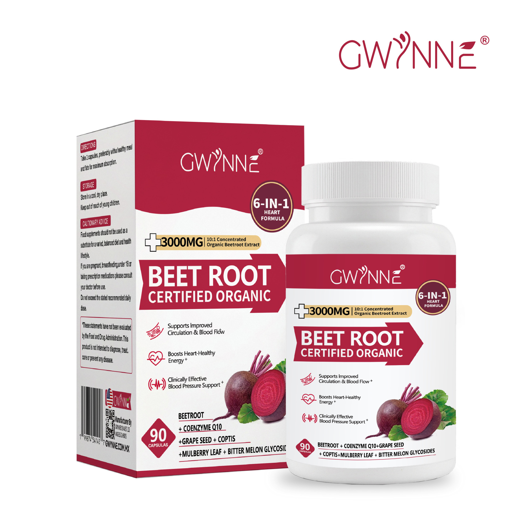 Gwynne Organic Beet Root Capsules 3000mg 90 Cápsulas Con Coq10,remolacha En Polvo Soporta Lmproved Circulación Y Flujo Sanguíneo,proporcionar Soporte Cardíaco Y De Presión Arterial