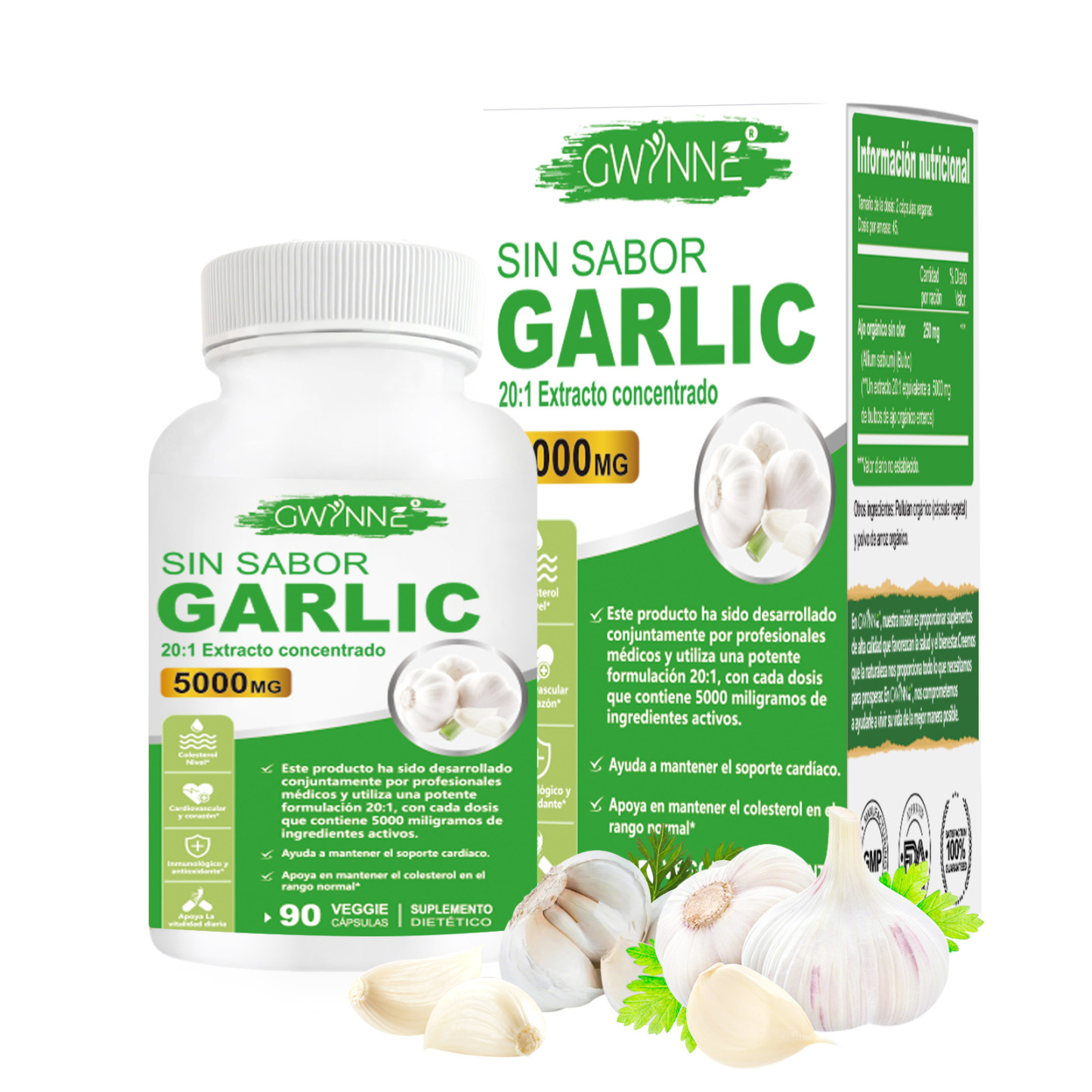 Gwynne Sin Sabor Garlic 20:1 Extracto Concentrado 90 Cápsulas,5000 Mg De Fuerza,mantener Los Niveles De Colesterol,apoyar El Corazón,antioxidantes