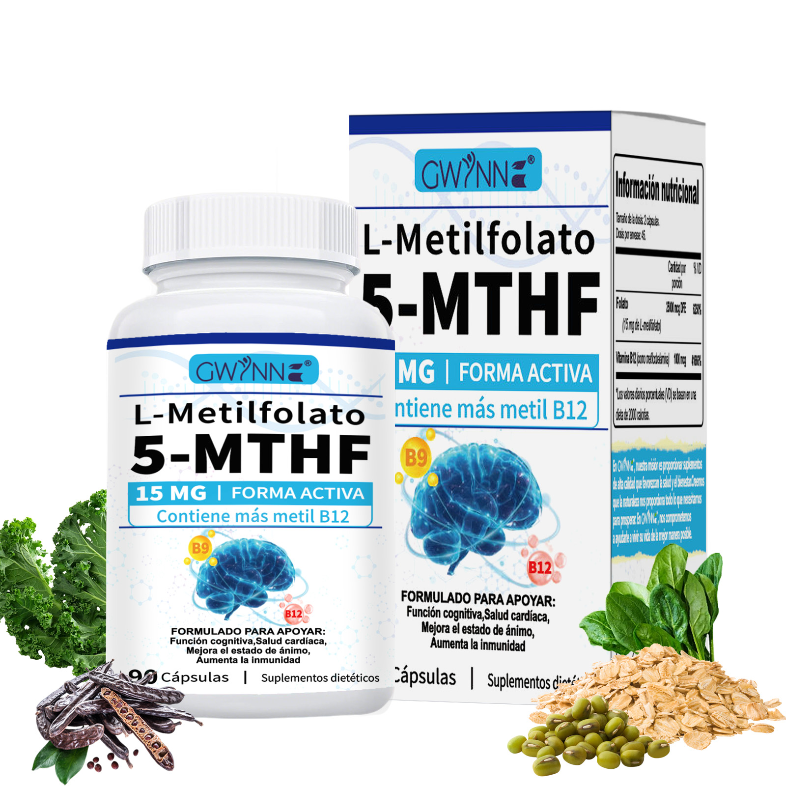 Gwynne L-metilfolato 15mg Plus Metil B12 Cofactor,alta Potencia,forma Activa De 5-mthf,soporta El Mood,metilación Y Cognición,90 Cápsulas,formas Bioactivas De Vitamina B12