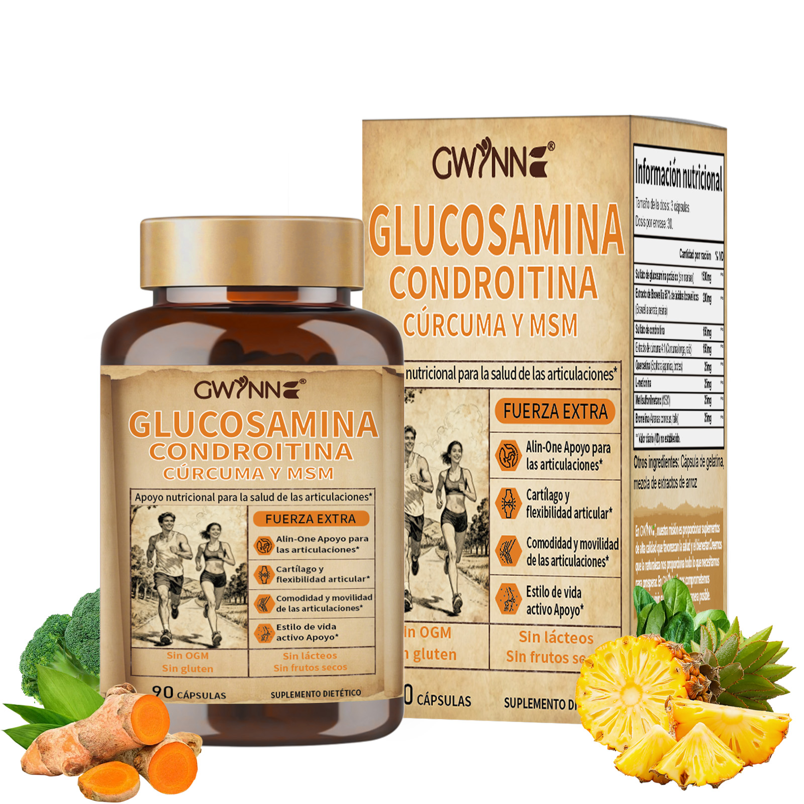 Glucosamina Complex | Glucosamina 1500mg, Condroitina, Msm Alta Potencia,curcumina,quercetina| Articulaciones Y Huesos | GWYNNE Vitaminas Mujer Y Hombre 90 Cápsulas