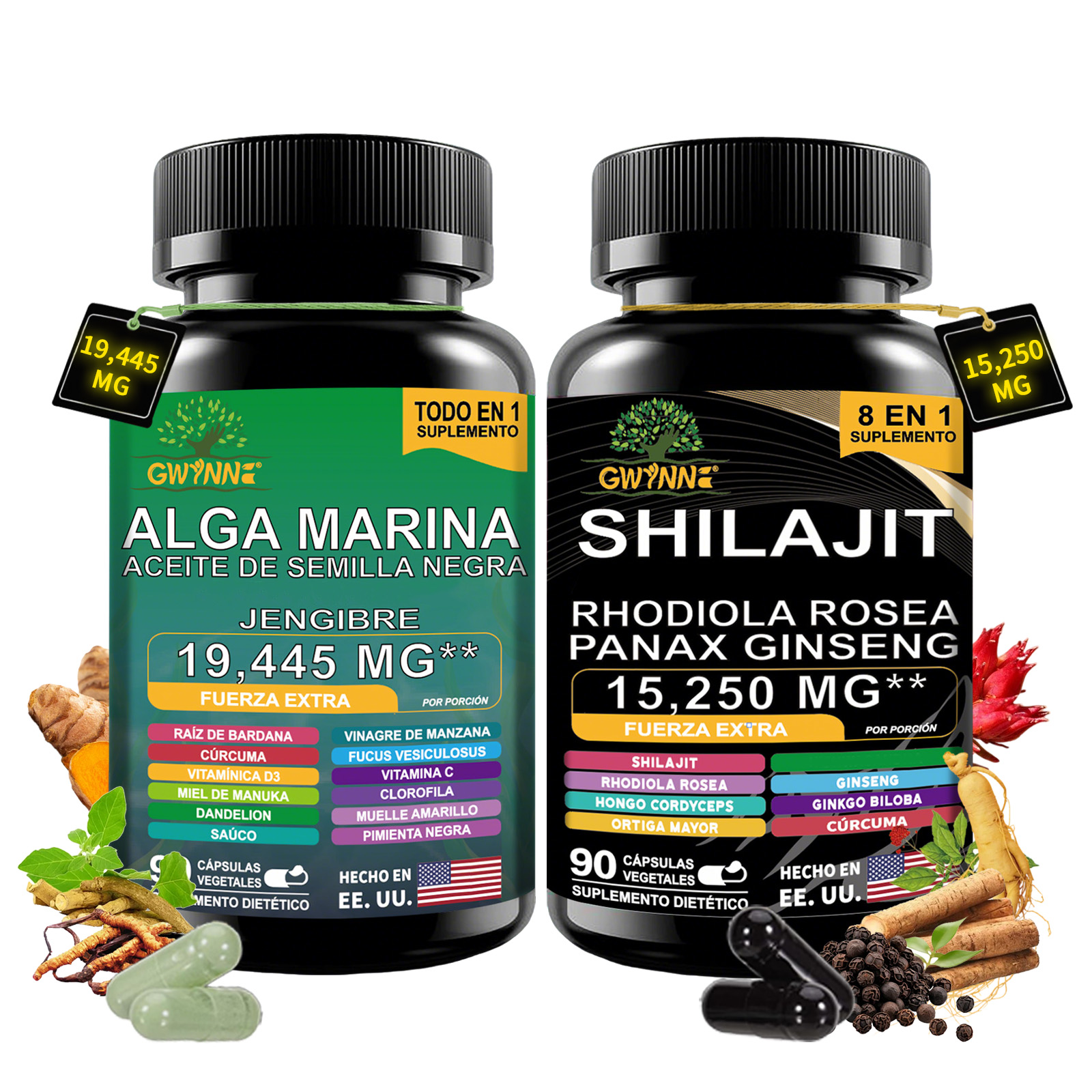 Gwynne All In 1 Shilajit Y Sea Moss Bundle 90 Cápsulas-contiene 29170 Mg De Musgo Marino, Aceite De Semilla Negra, Etc Y Contiene 22875 Mg De Shilajit,rhodiola Rosea, Etc