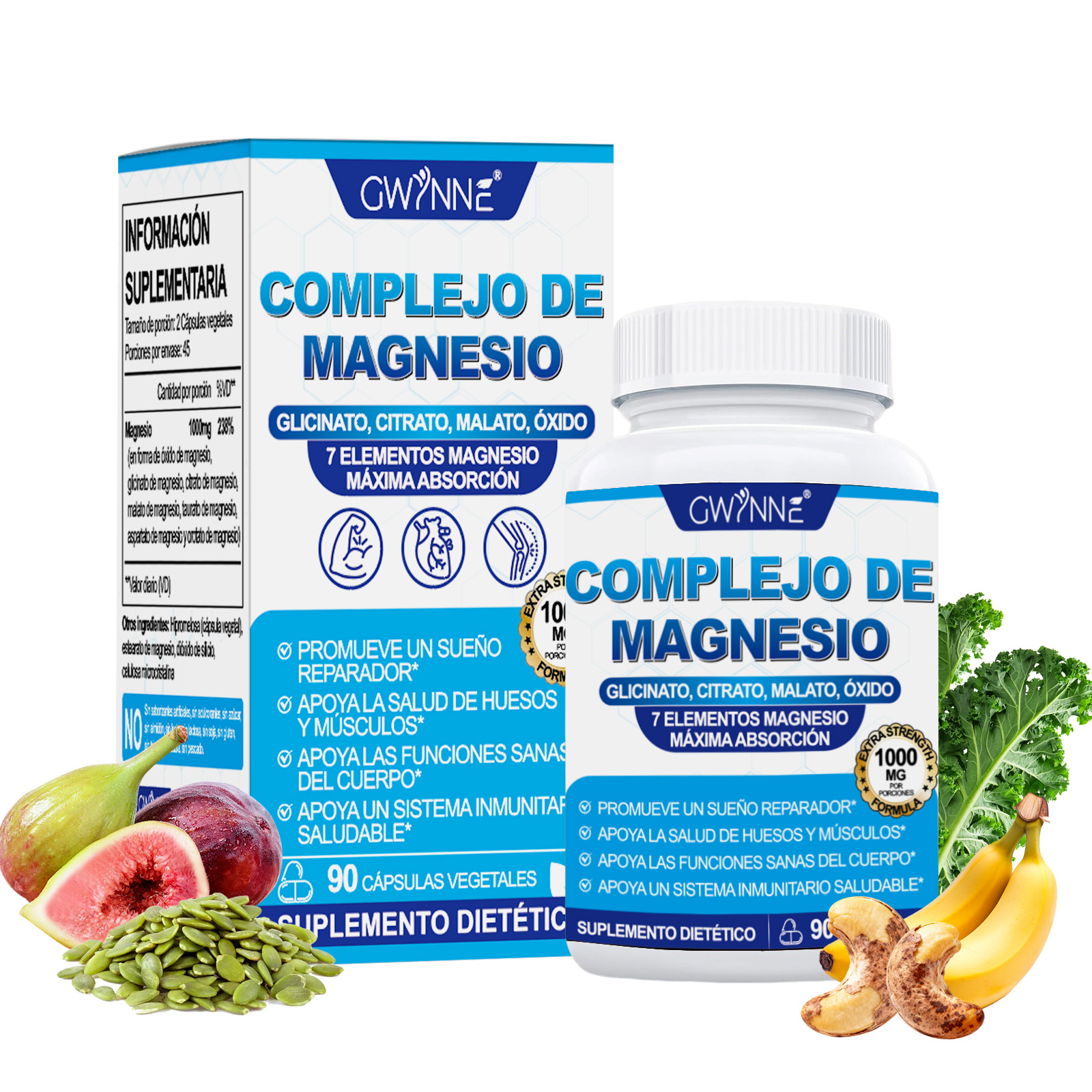 Gwynne Suplemento Complejo De Magnesio 7 Elemental 1000mg - Glicinato,citrato,malato,taurato De Magnesio, Quelatado Para Fácil Absorción Para Huesos,músculos,recuperación,energía,90 Cápsulas
