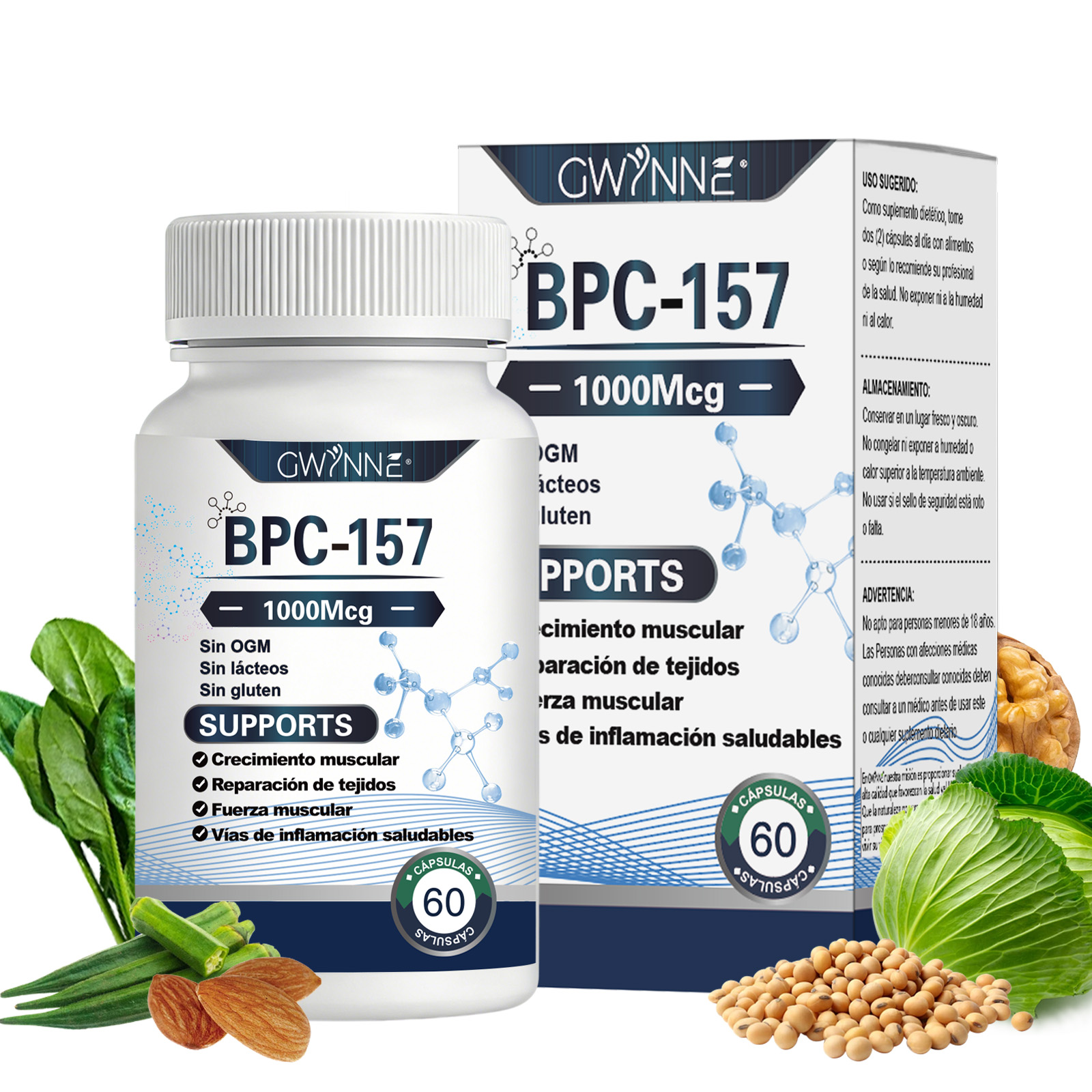 Gwynne Cápsulas De Péptidos Bpc-157 De Alta Potencia Para La Recuperación Muscular Y Del Ejercicio, Recuperación Acelerada Y Curación Intestinal 1000mcg 60 Cápsulas