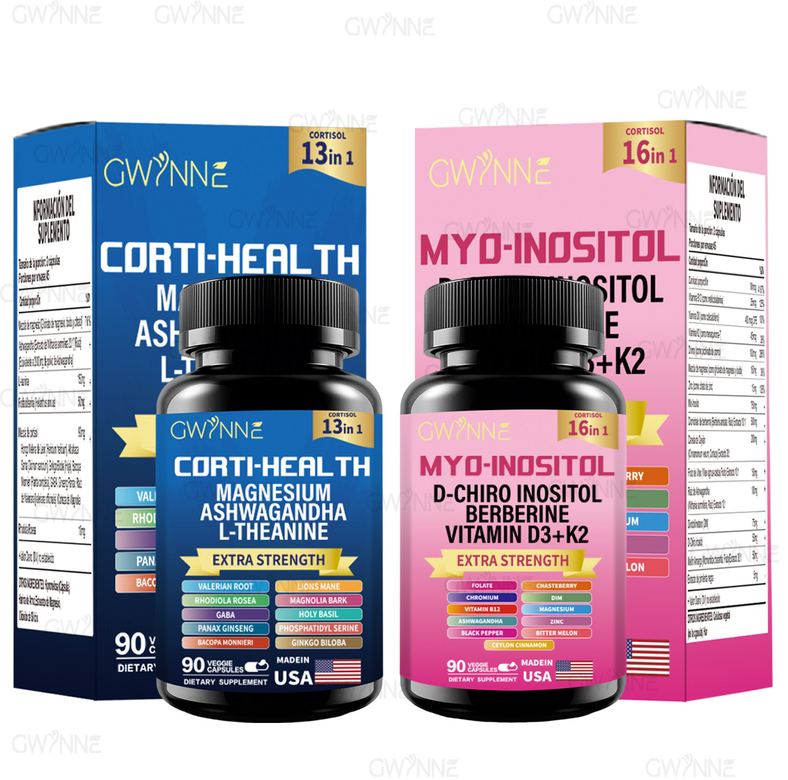 Gwynne Suplemento De Cortisol 90 Cápsulas + Suplemento De Inositol Myo-inositol Y D 90 Cápsulas,con Glicinato De Magnesio,vitamina B12 Y K2