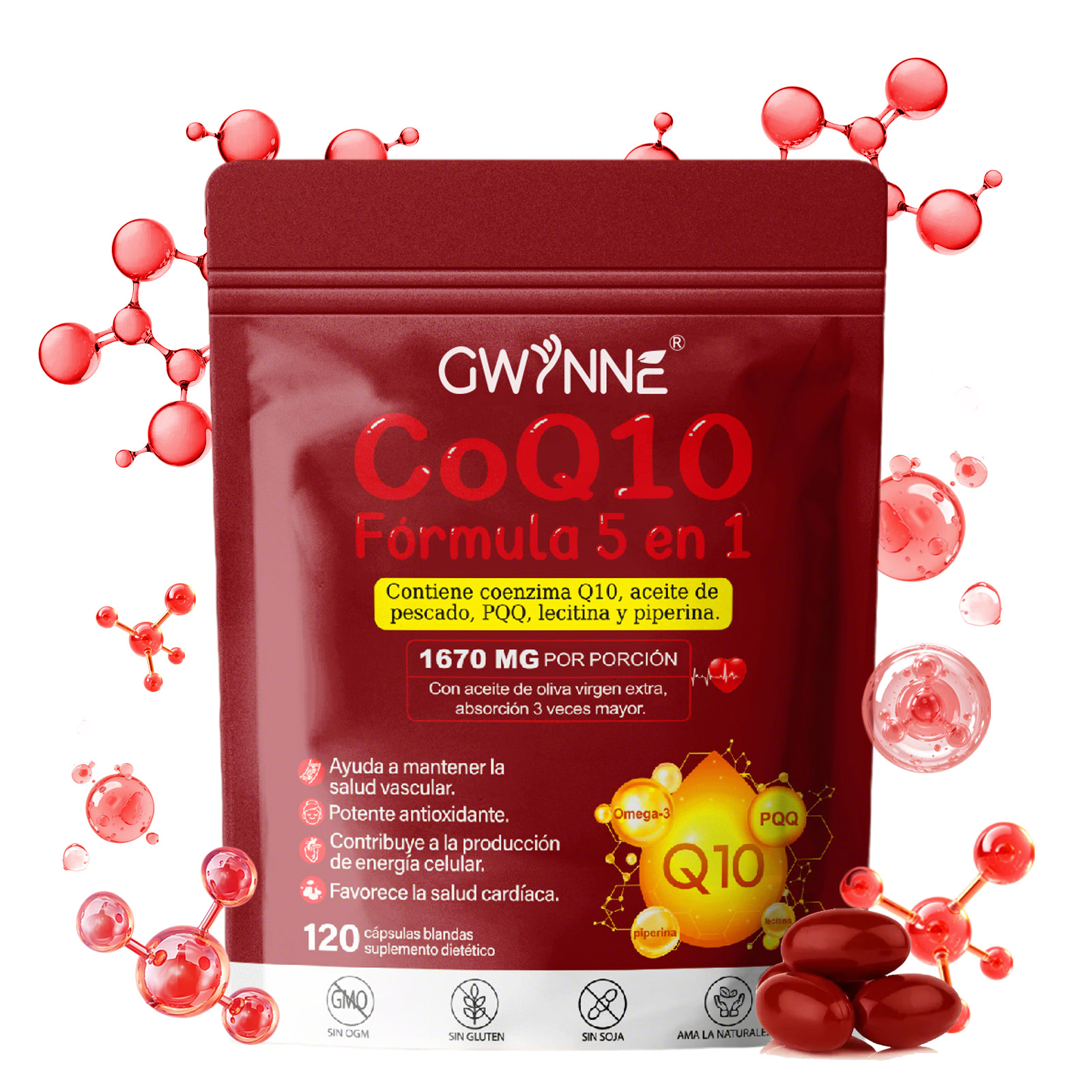 Gwynne Coq10 Cápsulas,120 Cápsulas,con Pqq,400 Mg Coq10 Y 1200 Mg Omega-3,salud Cerebral Y Cardíaca, Hígado,hueso Y Apoyo Antioxidante