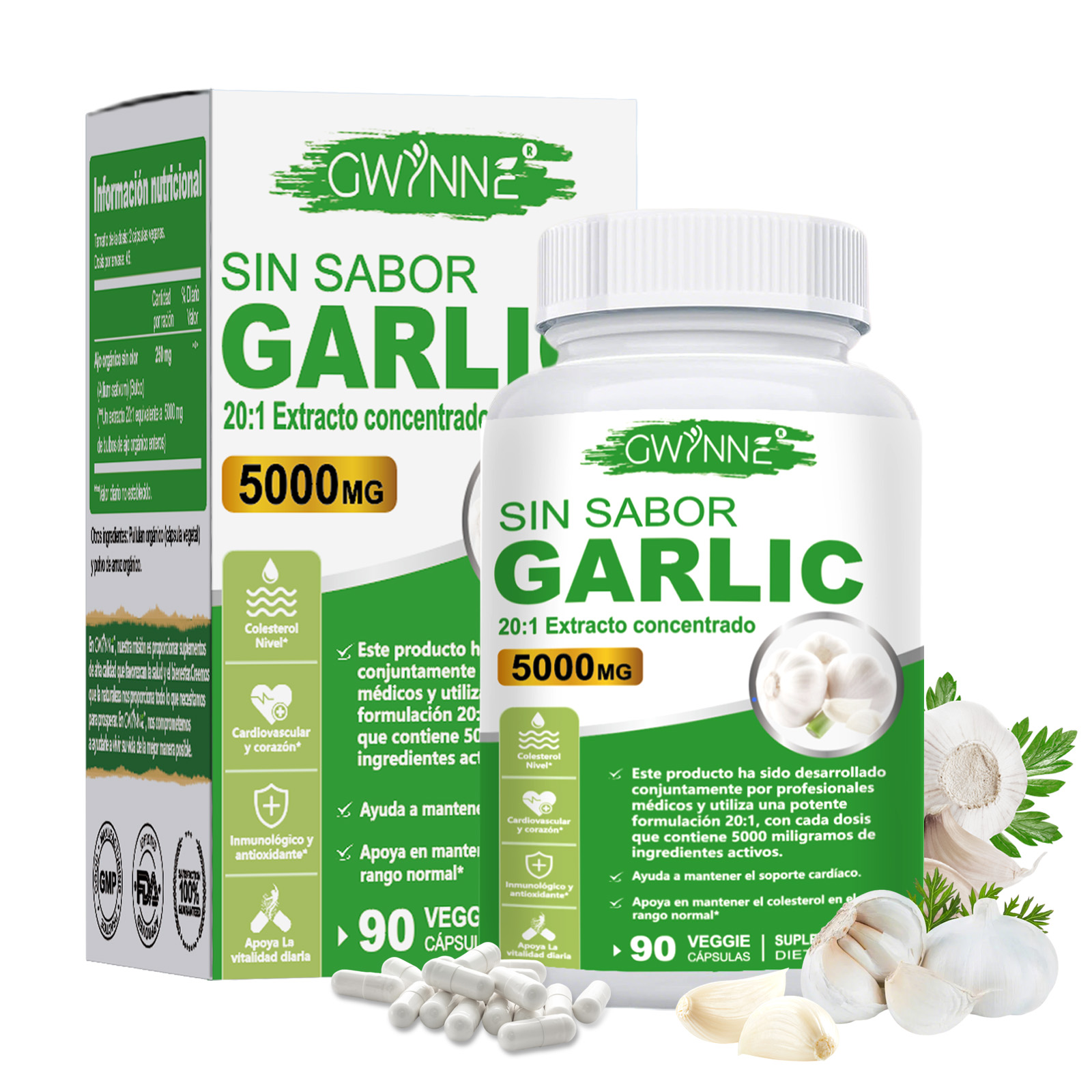 Gwynne Sin Sabor Garlic 20:1 Extracto Concentrado 90 Cápsulas,5000 Mg De Fuerza,mantener Los Niveles De Colesterol,apoyar El Corazón,antioxidantes