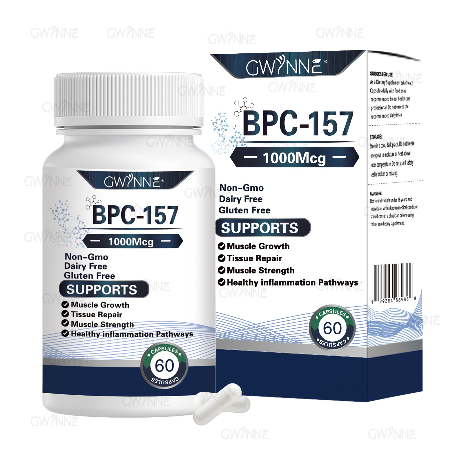 Gwynne Cápsulas De Péptidos Bpc-157 De Alta Potencia Para La Recuperación Muscular Y Del Ejercicio, Recuperación Acelerada Y Curación Intestinal 1000mcg 60 Cápsulas