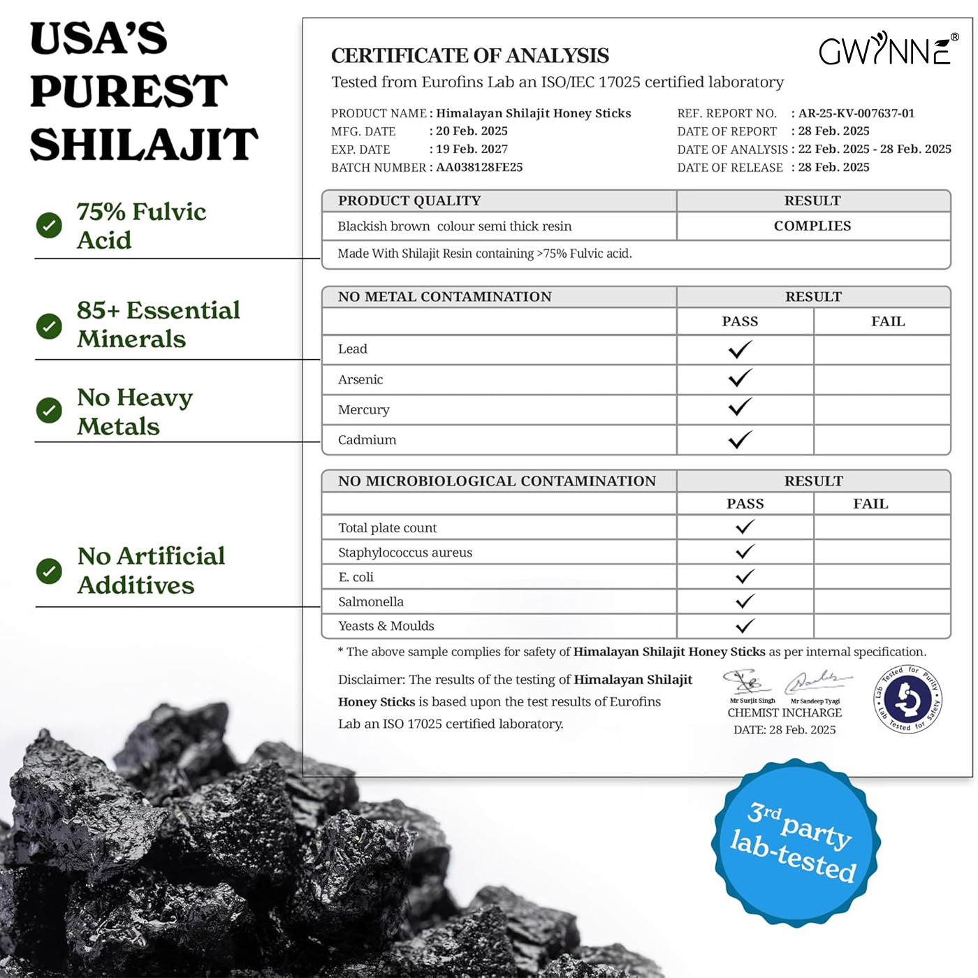 Gwynne Shilajit Honey Sticks Suplementos 30 Sticks Puro Del 3000mg Himalaya 85 Micronutrientes Apto Para Hombres Y Mujeres 100% Natural Orgánico