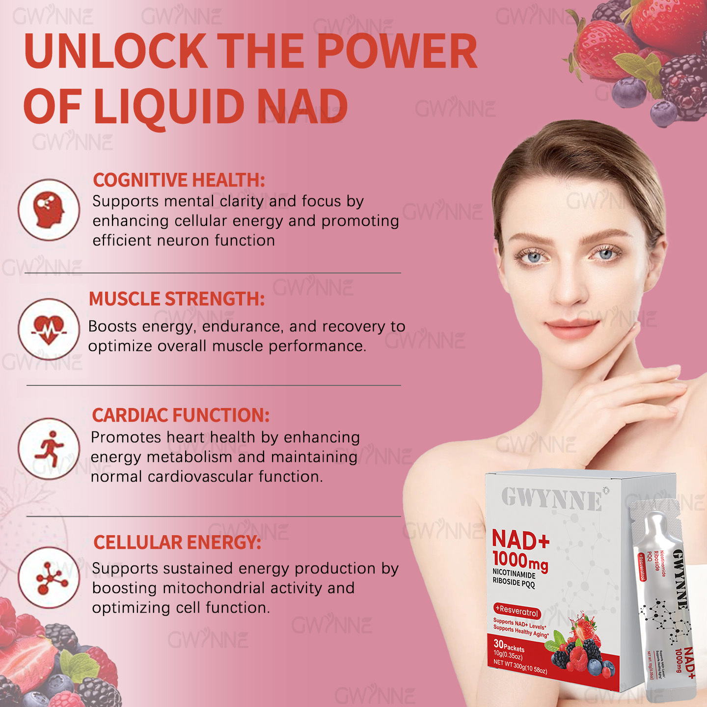 Gwynne Nad Suplemento Con Nicotinamide Riboside, Resveratrol & Pqq 1000mg Alternativa Nmn Extra Fuerte Para Anti-envejecimiento, Energía & Concentración 30 Unidad