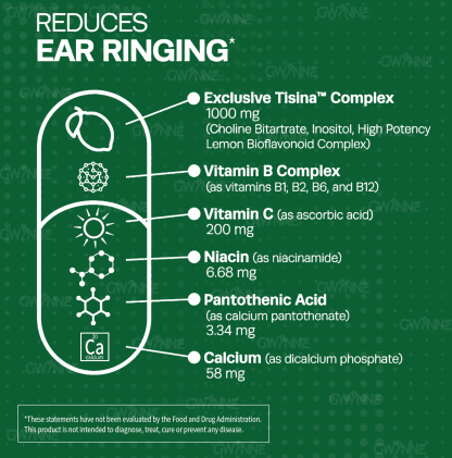 GWYNNE 1200mg Alivio del zumbido en los oídos – Suplemento con vitamina C & Complejo B–Clínicamente probado para el zumbido en los oídos & Alivio del síndrome de Meniere 90Cápsuls