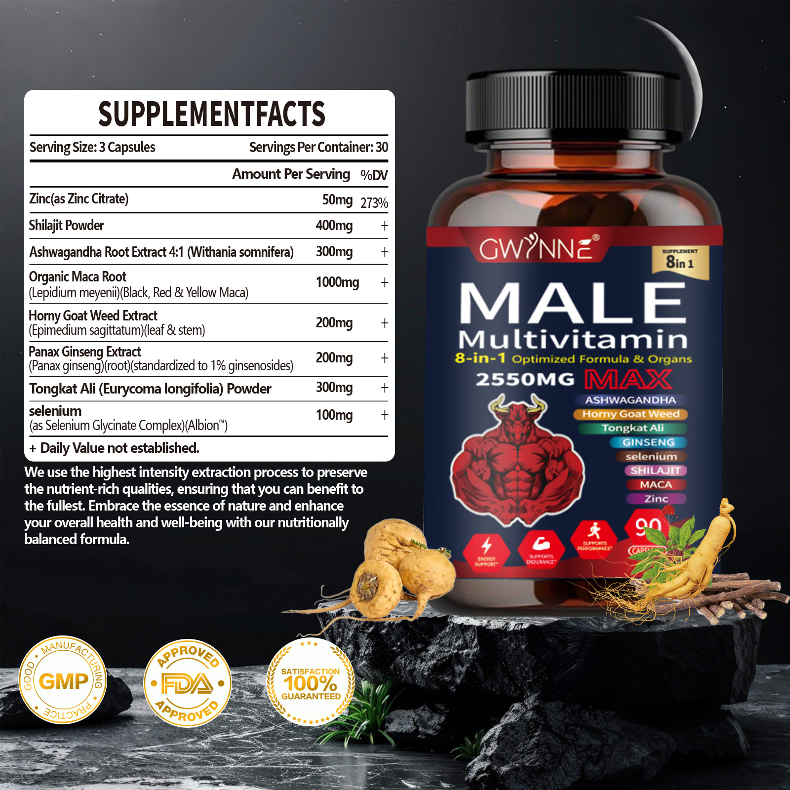 Gwynne Multivitamina Para Hombre 90 Cápsula,8 En 1 Multivitaminas Para Hombres Diarias 2550 Mg Max Con Zinc,shilajit,horny Goat Weed,etc,apoyo A La Energía Físicas