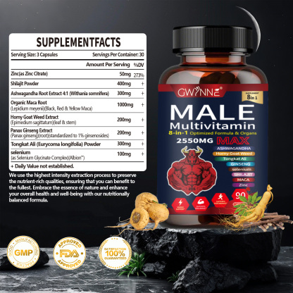 Gwynne Multivitamina Para Hombre 90 Cápsula,8 En 1 Multivitaminas Para Hombres Diarias 2550 Mg Max Con Zinc,shilajit,horny Goat Weed,etc,apoyo A La Energía Físicas