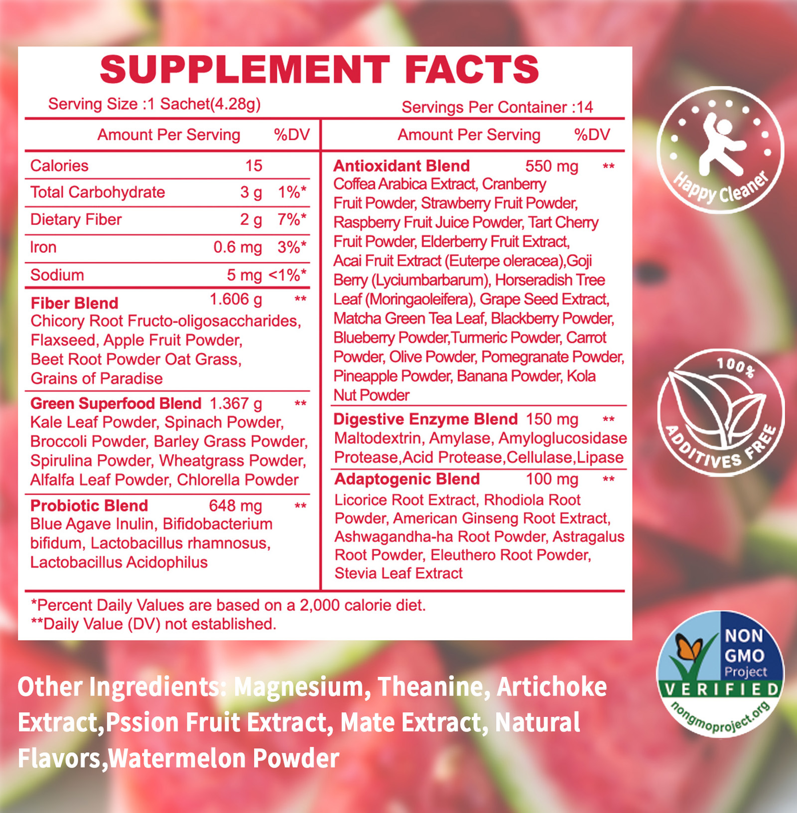 Gwynne Happy Cleaner Polvo Prebiótico Probiótico - Polvo De Mezcla De Bayas De Sandía (28 Paquetes De Una Sola Porción) Con Frutas