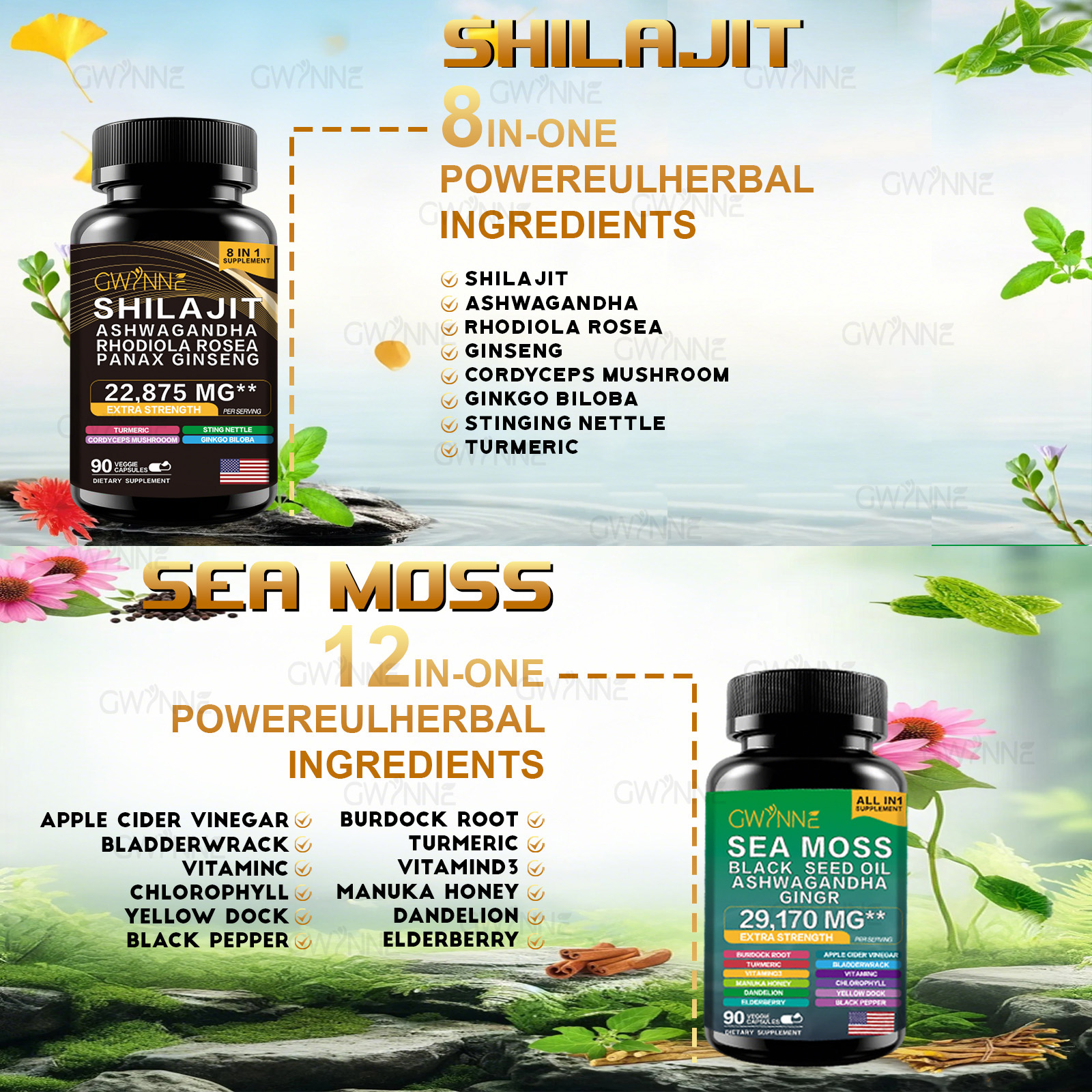 Gwynne All In 1 Shilajit Y Sea Moss Bundle 90 Cápsulas-contiene 29170 Mg De Musgo Marino, Aceite De Semilla Negra, Etc Y Contiene 22875 Mg De Shilajit,rhodiola Rosea, Etc